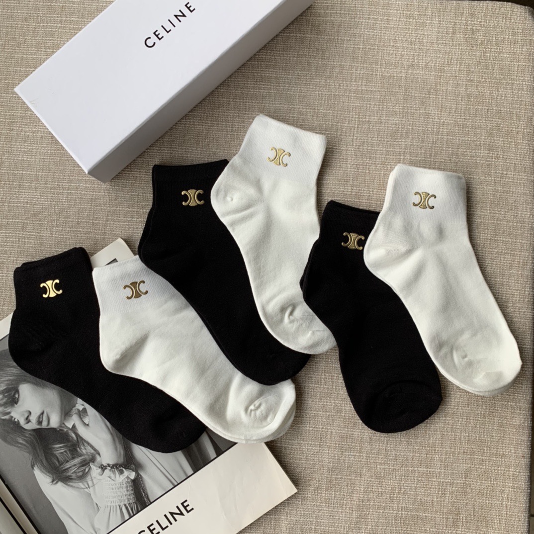 Носки женские в стиле Celine короткие хлопковые с логотипом (набор 6 пар)