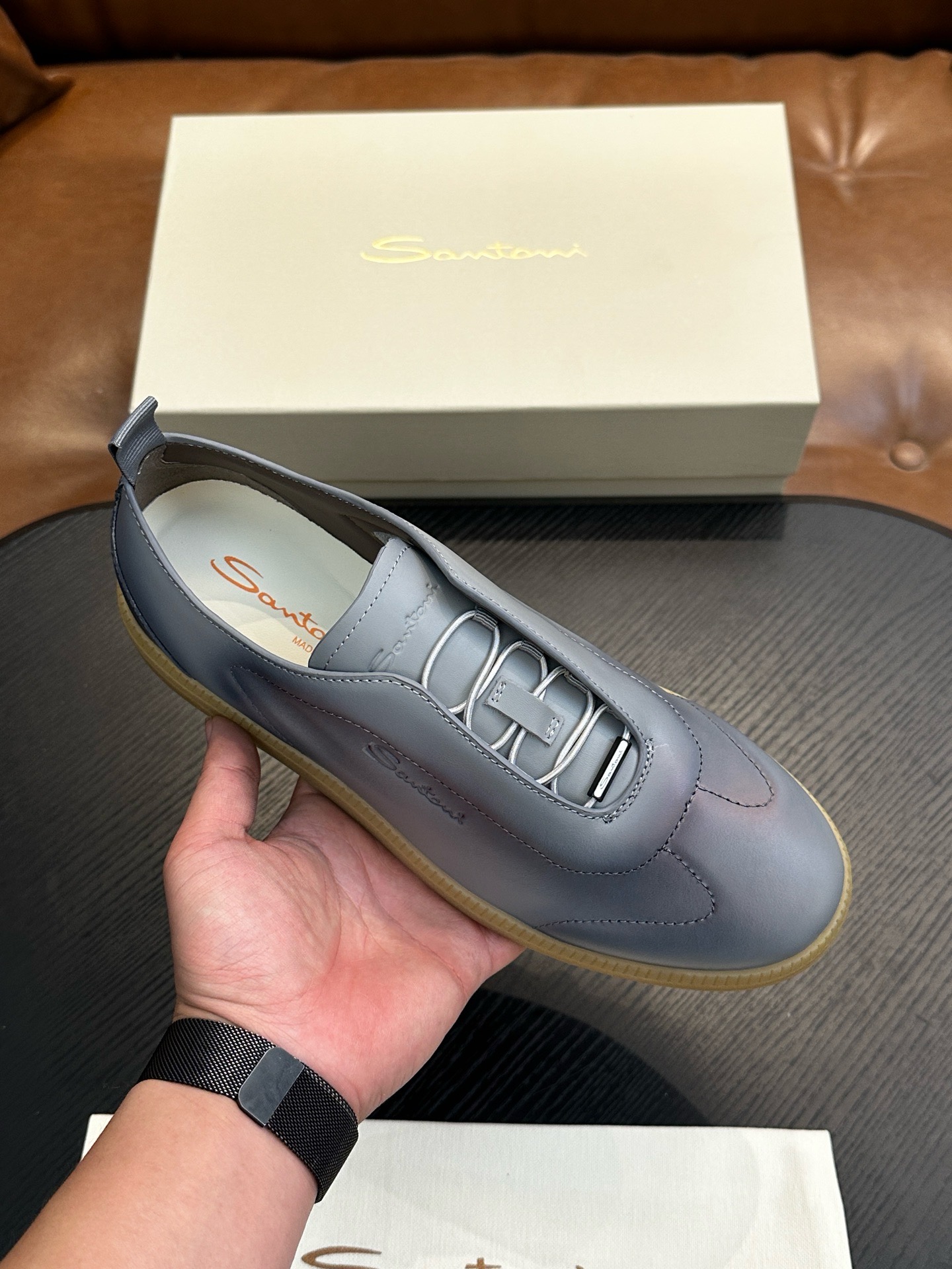 Кеды мужские в стиле Santoni из натуральной кожи серого цвета