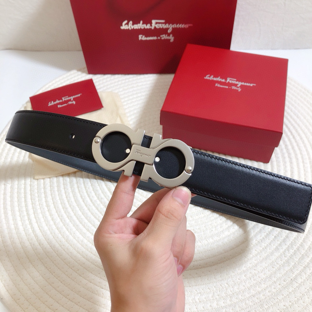 Ремень мужской в стиле Salvatore Ferragamo Gancini из натуральной кожи чёрного цвета с серебристой пряжкой шириной 3.5 см