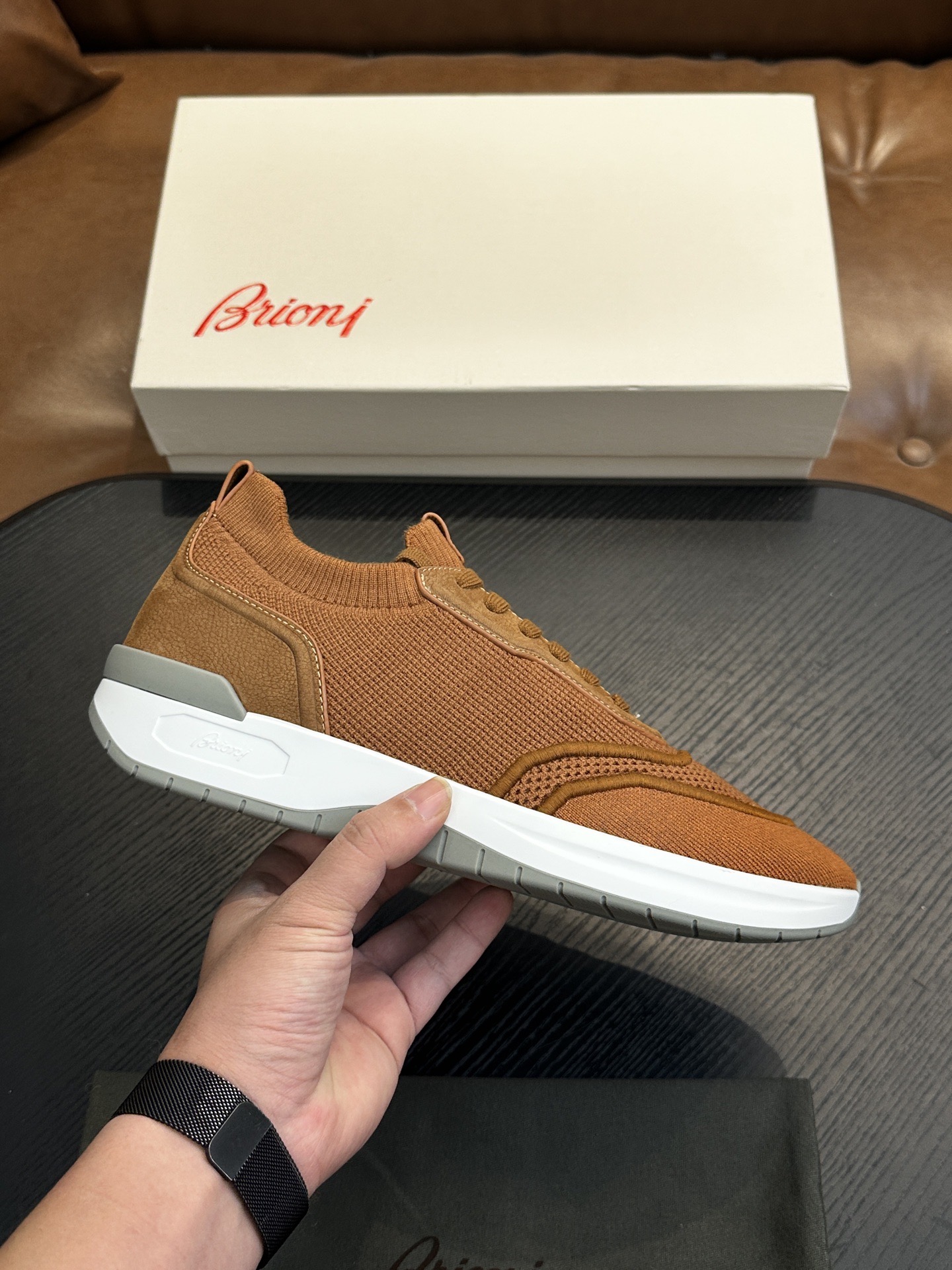 Кроссовки мужские в стиле Brioni коньячного цвета