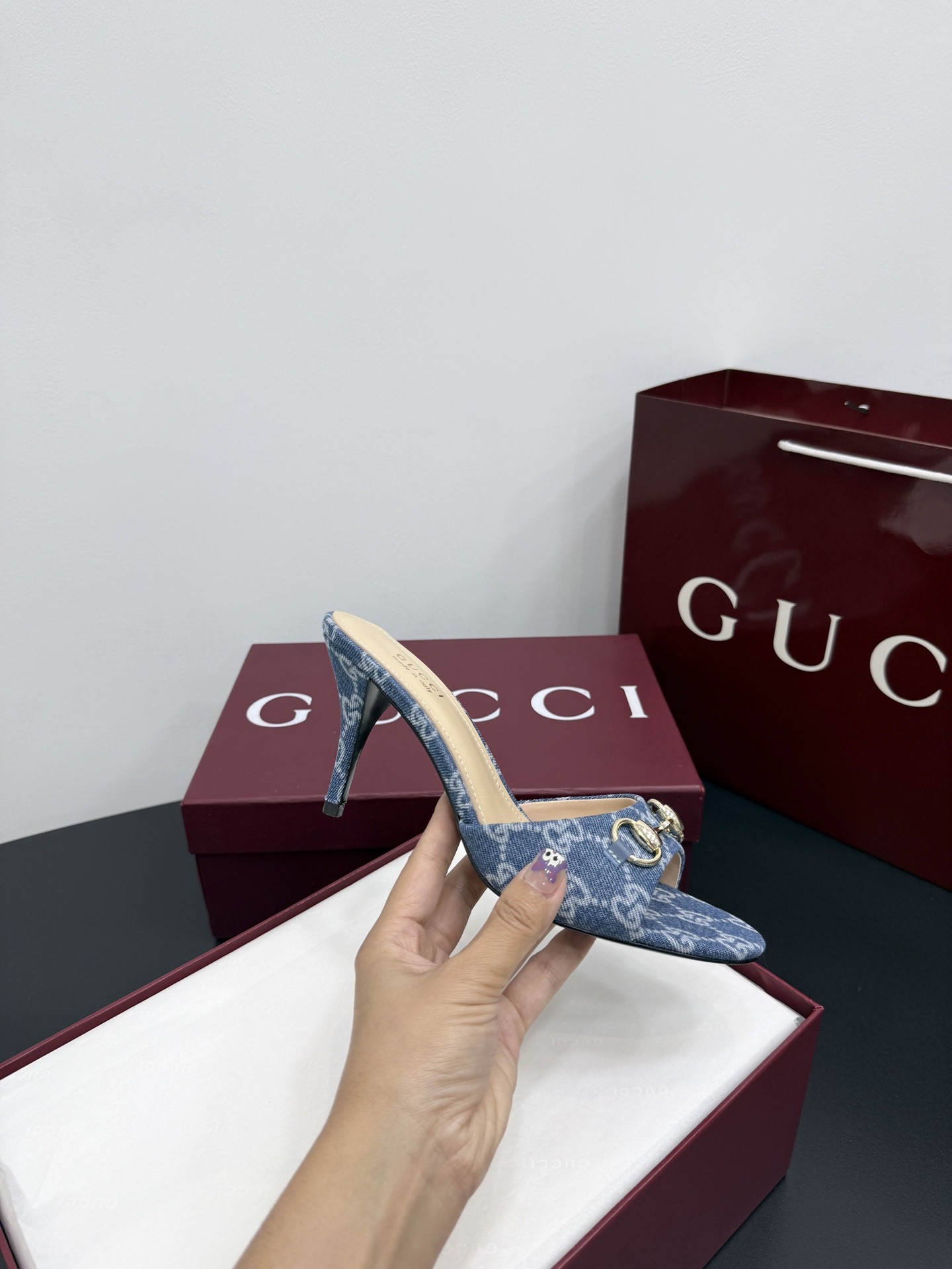 Мюли женские в стиле Gucci Horsebit синего цвета