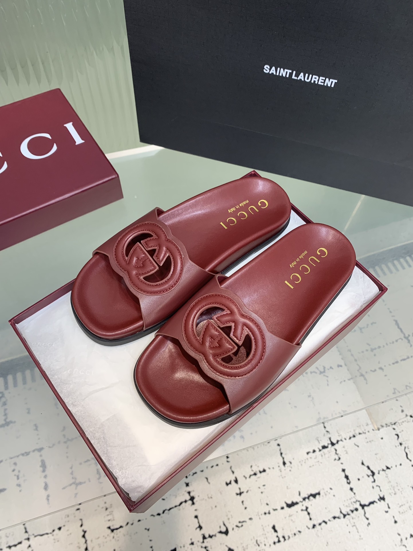 Мюли женские в стиле Gucci GG бордового цвета