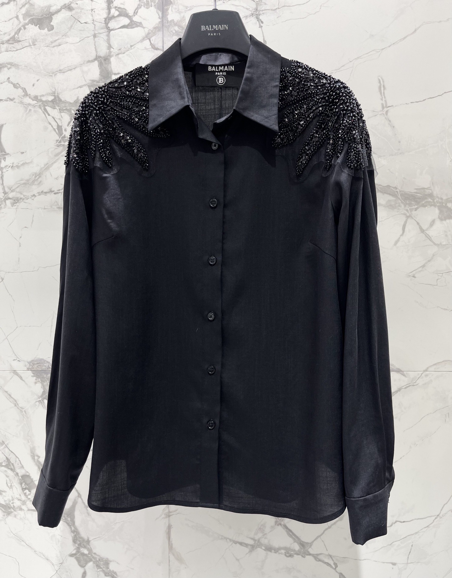 Рубашка женская в стиле Balmain с декором из бисера чёрного цвета