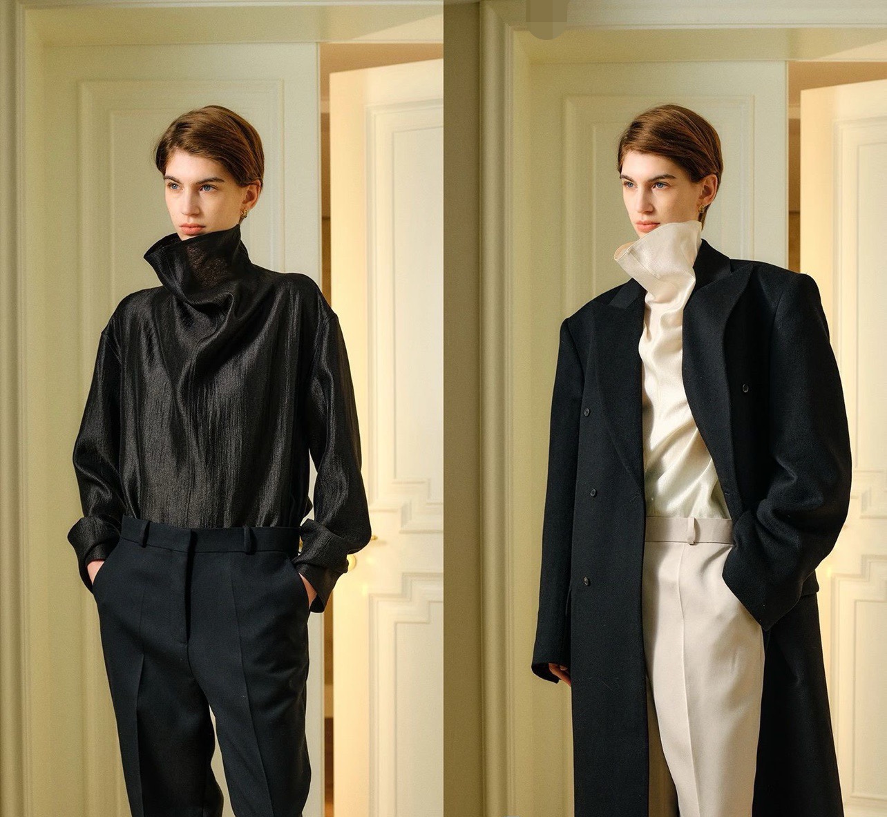 Блуза женская в стиле Balmain из гладкого текстиля белого цвета с драпированным воротником