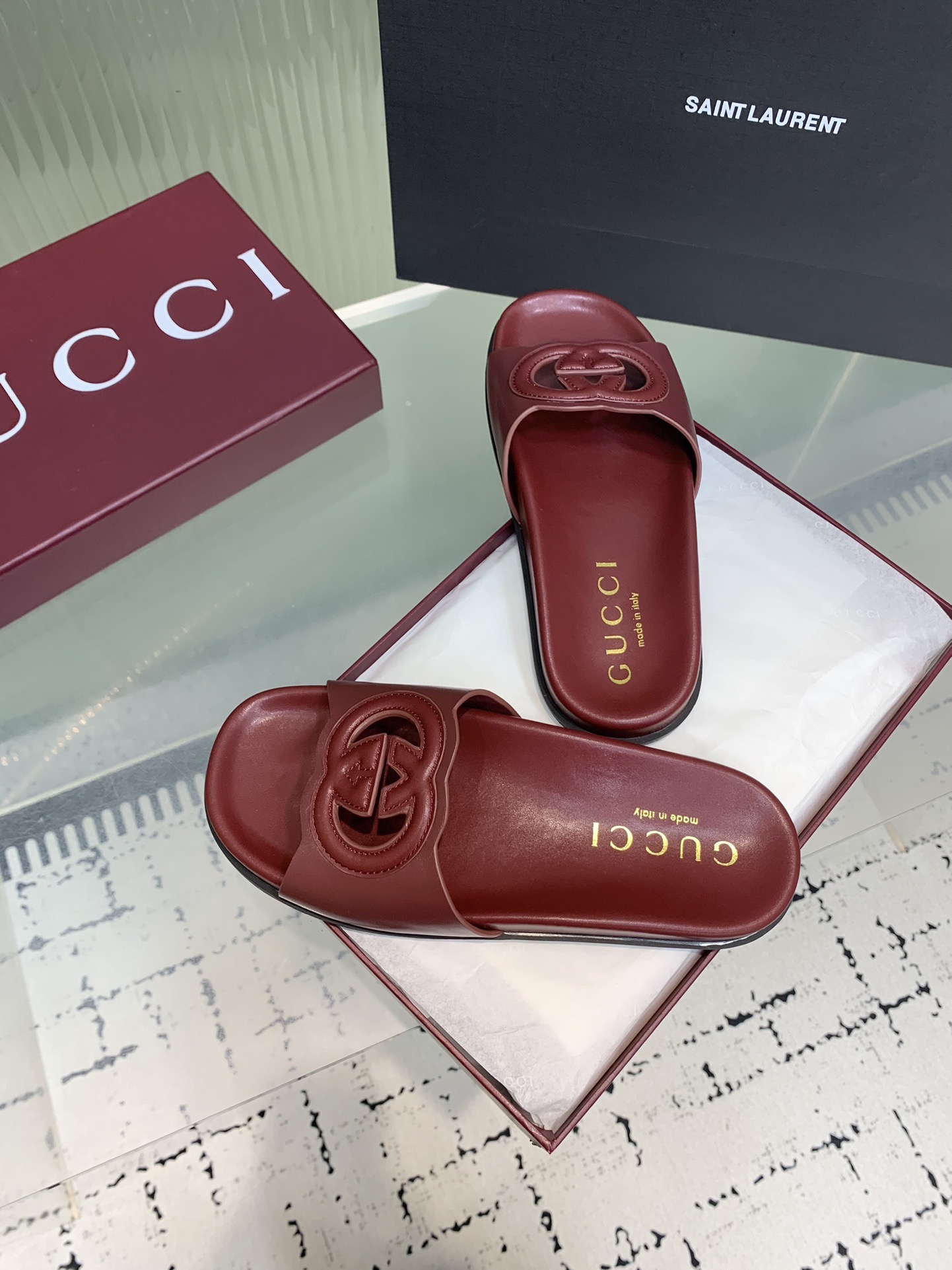 Мюли женские в стиле Gucci GG бордового цвета