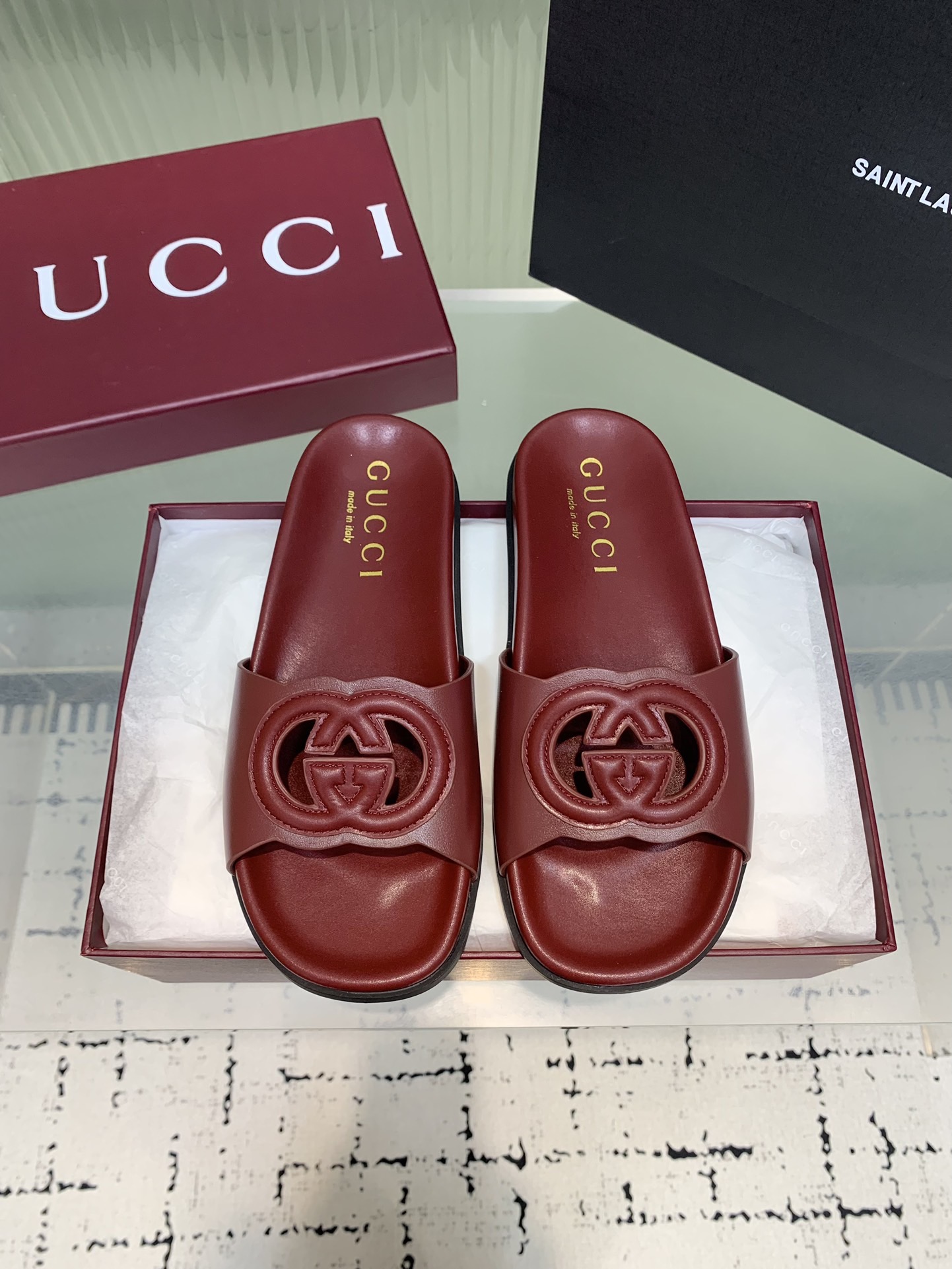 Мюли женские в стиле Gucci GG бордового цвета