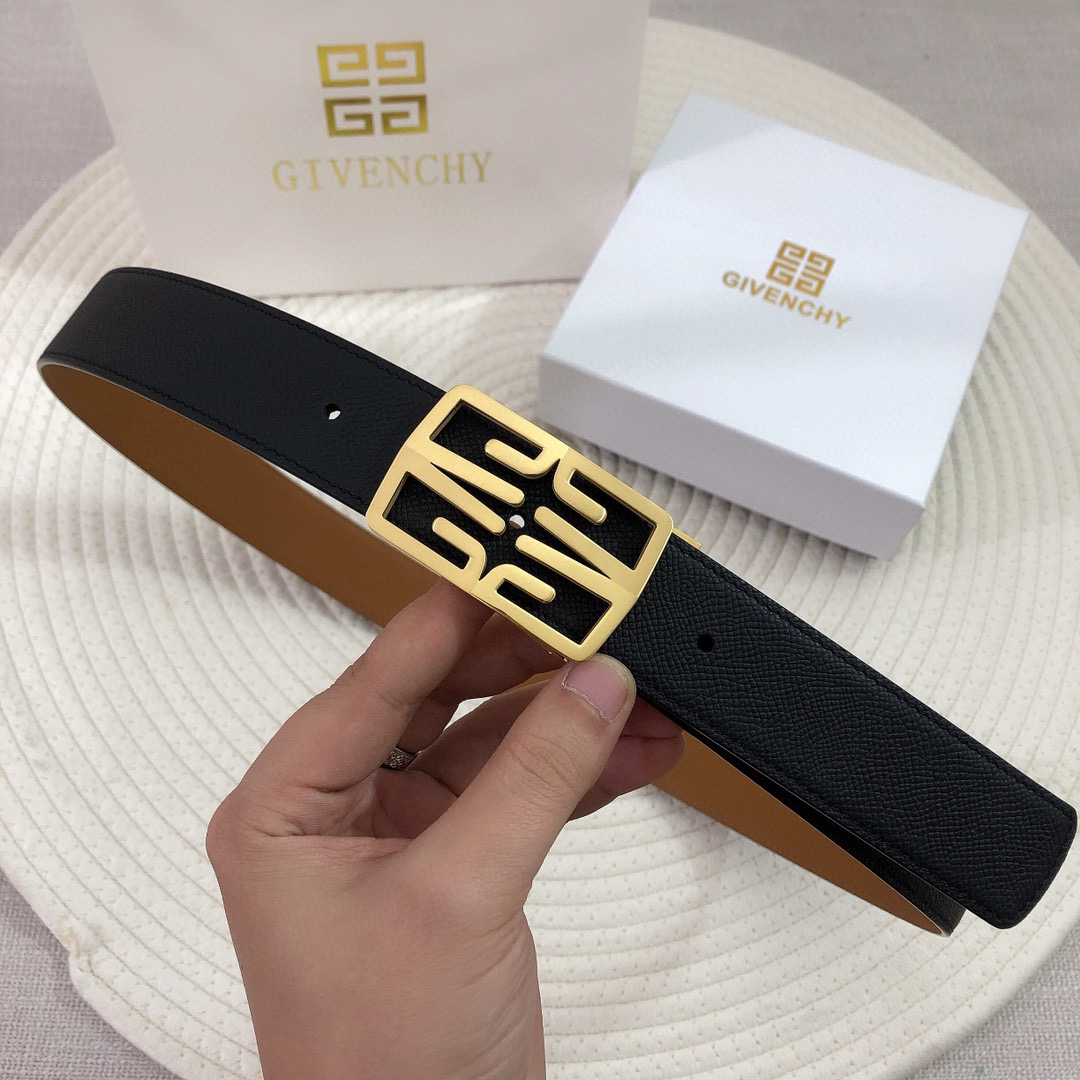 Ремень мужской в стиле Givenchy 4G из натуральной кожи чёрного и коричневого цвета с золотой пряжкой шириной 3.4 см