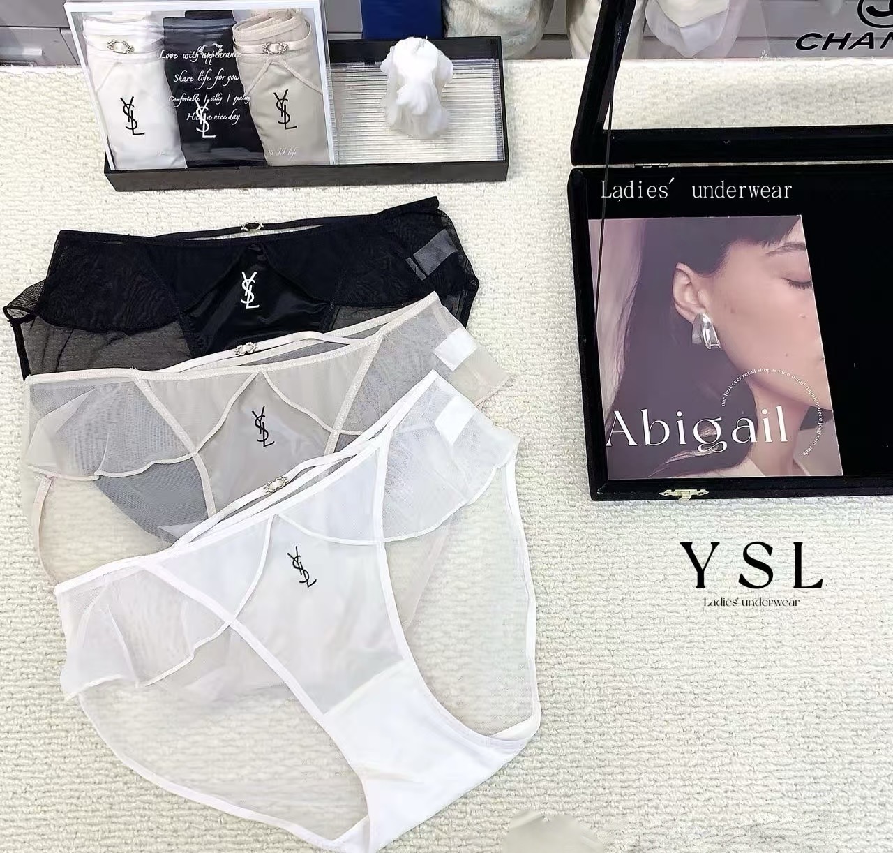Трусы женские в стиле Saint Laurent (YSL) из сетки и кружева с эластичным поясом (набор 3 шт.)