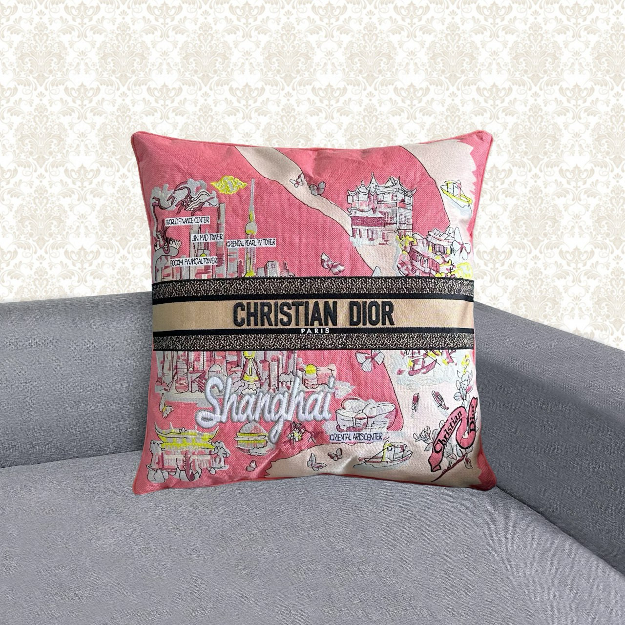  Подушка декоративная в стиле Dior Souvenir Shanghai с вышивкой и картографическим принтом, 50×50 см