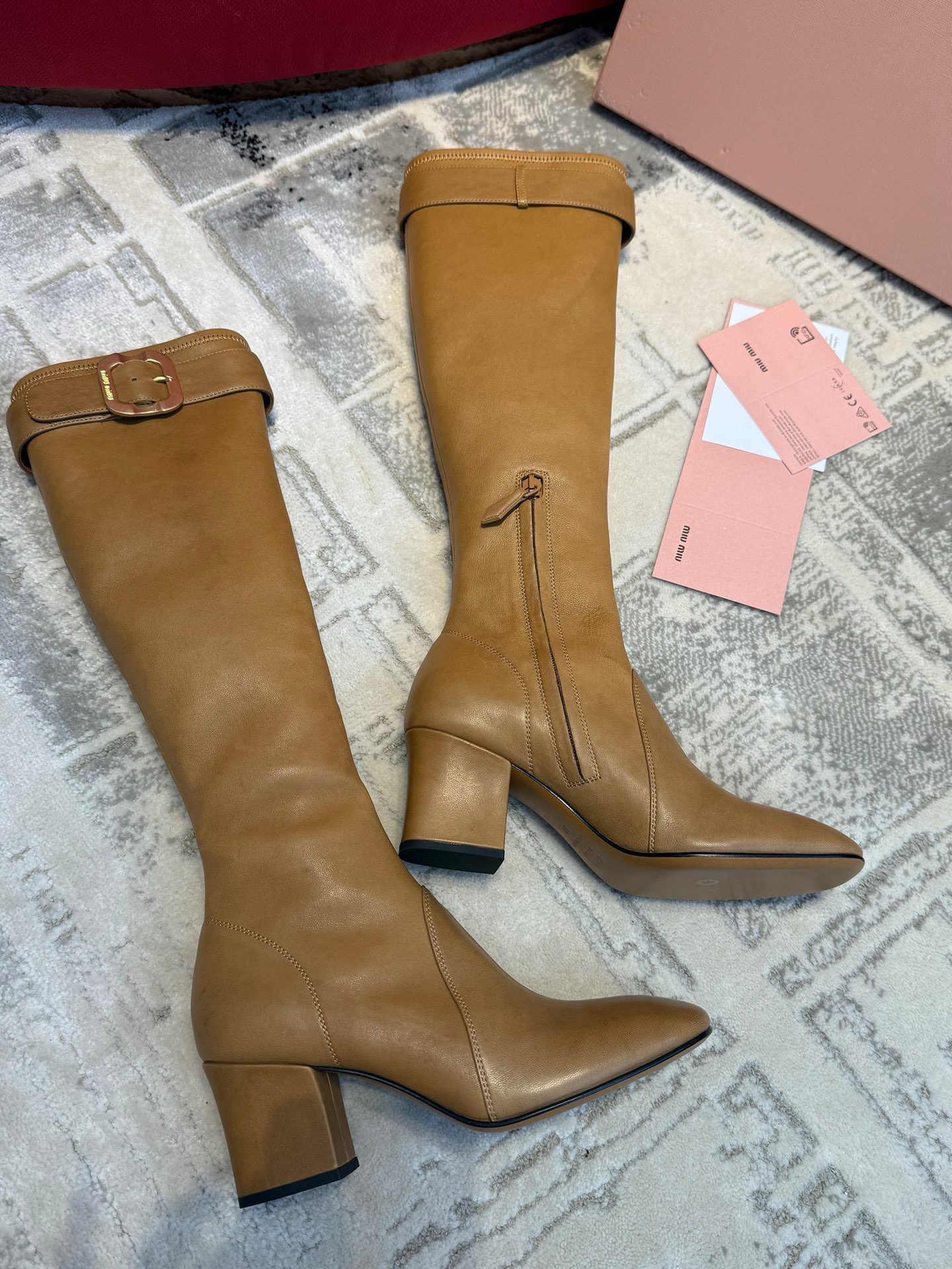 Сапоги женские Miu Miu Nappa Leather Boots with Buckle светло-коричневого цвета