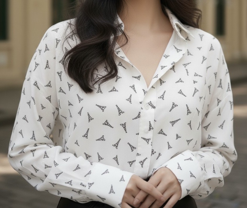 Рубашка женская в стиле Saint Laurent белого цвета с принтом Eiffel Tower