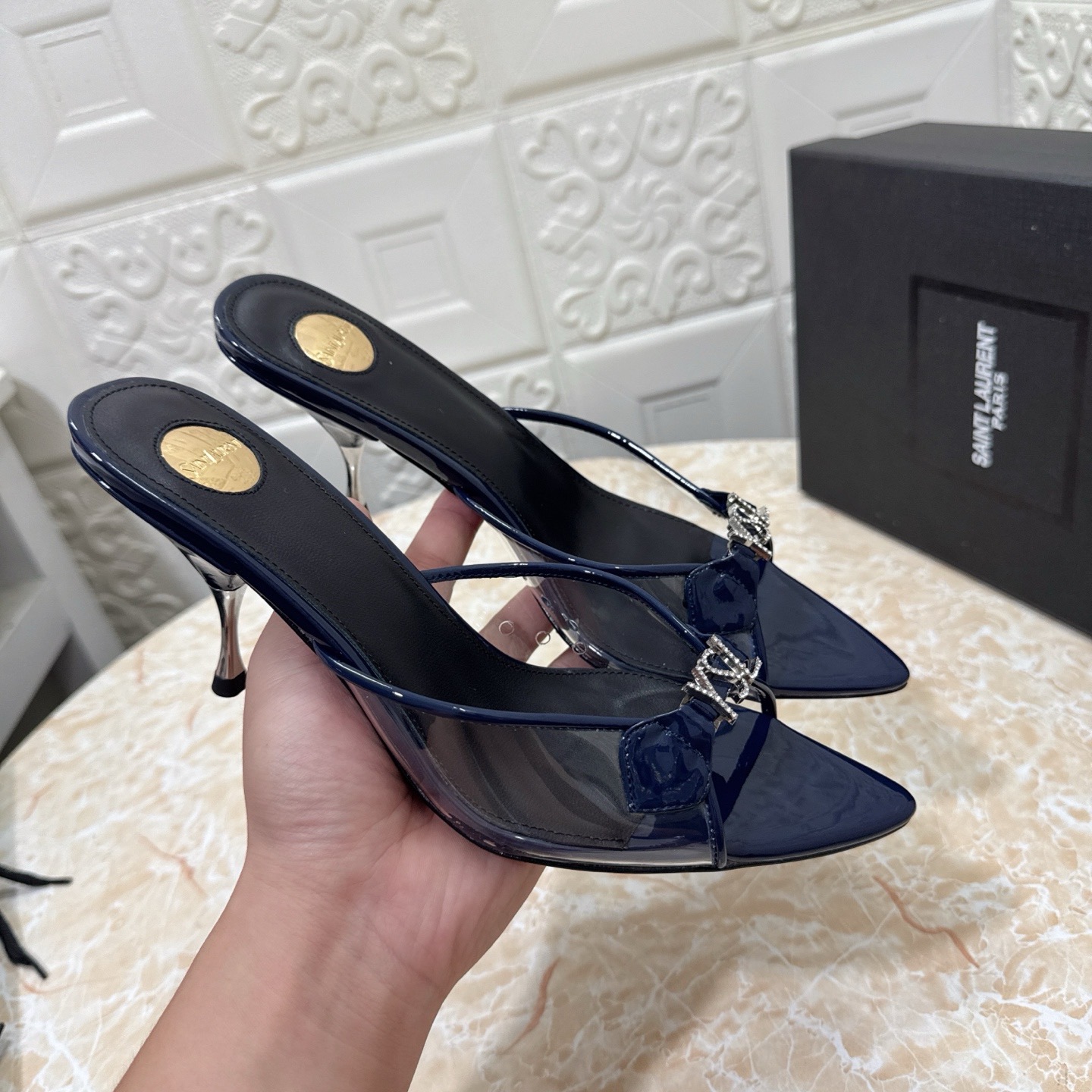 Мюли женские Saint Laurent тёмно-синего цвета