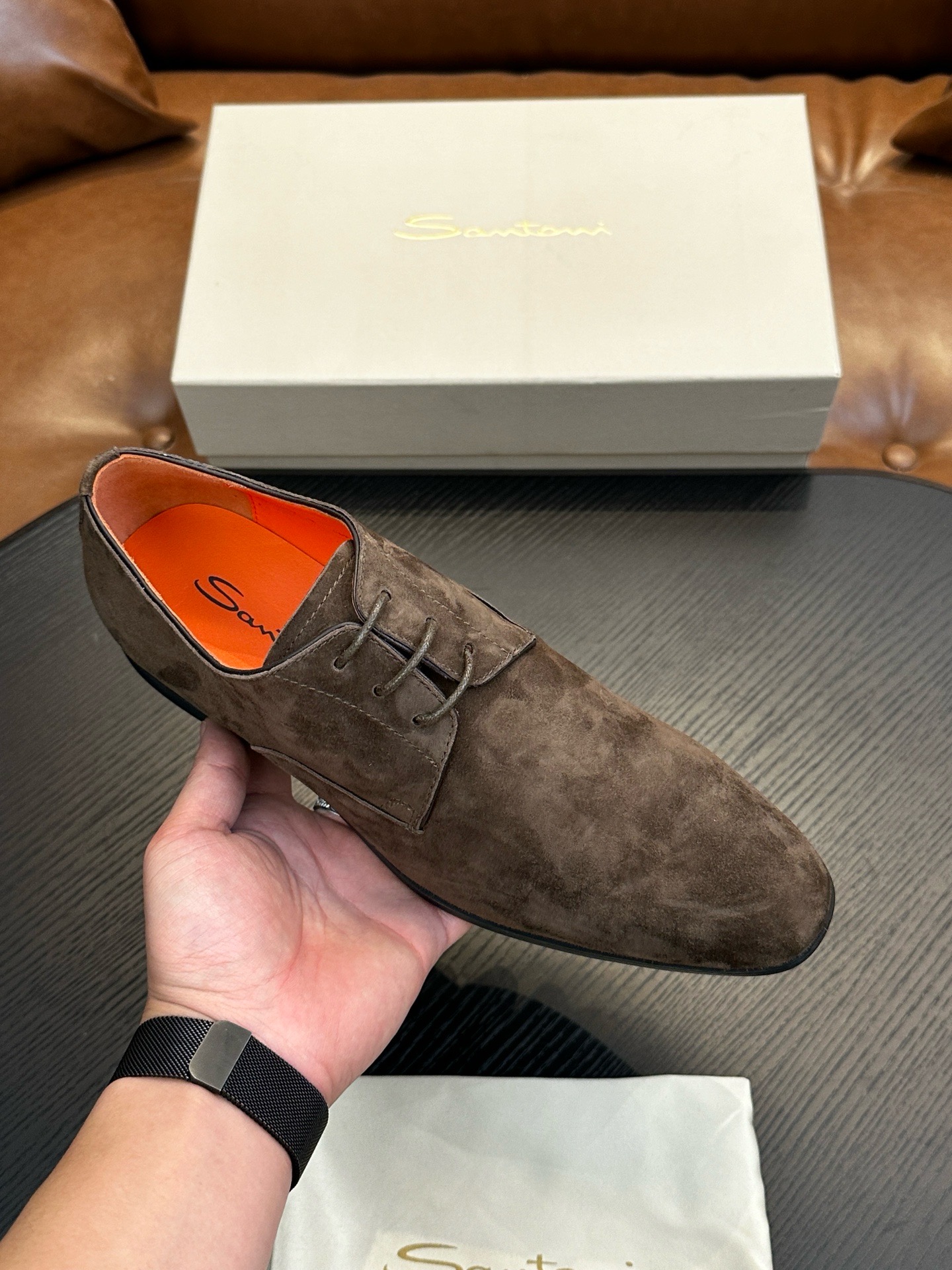 Дерби мужские в стиле Santoni серо-коричневого цвета