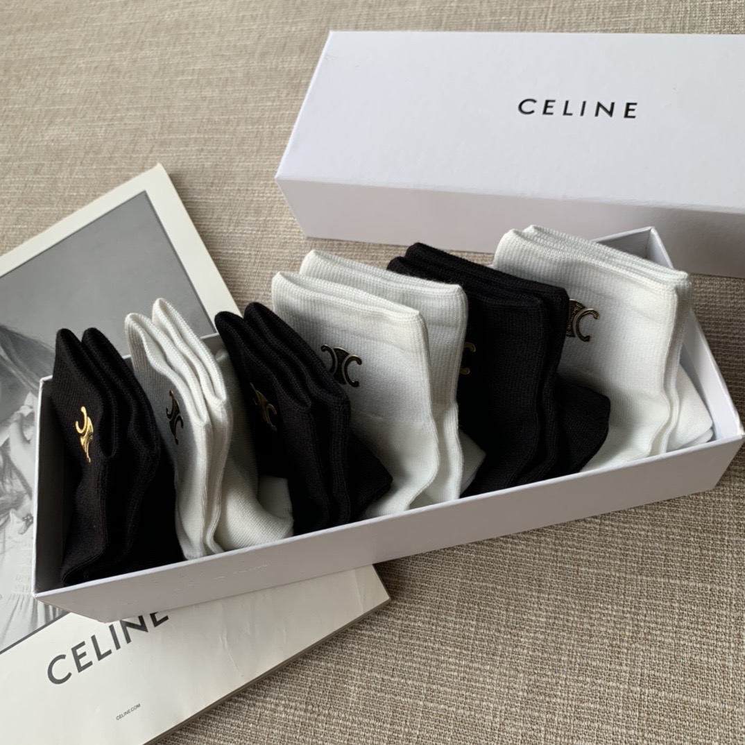 Носки женские в стиле Celine короткие хлопковые с логотипом (набор 6 пар)