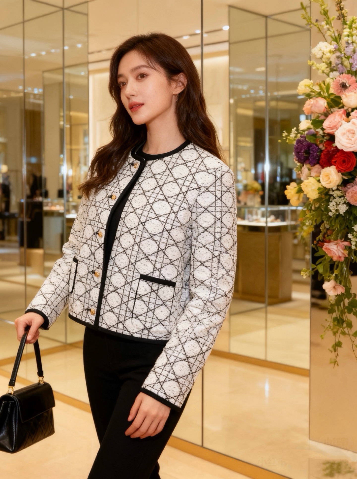 Жакет женский в стиле Christian Dior укороченный с логотипным узором и контрастной отделкой