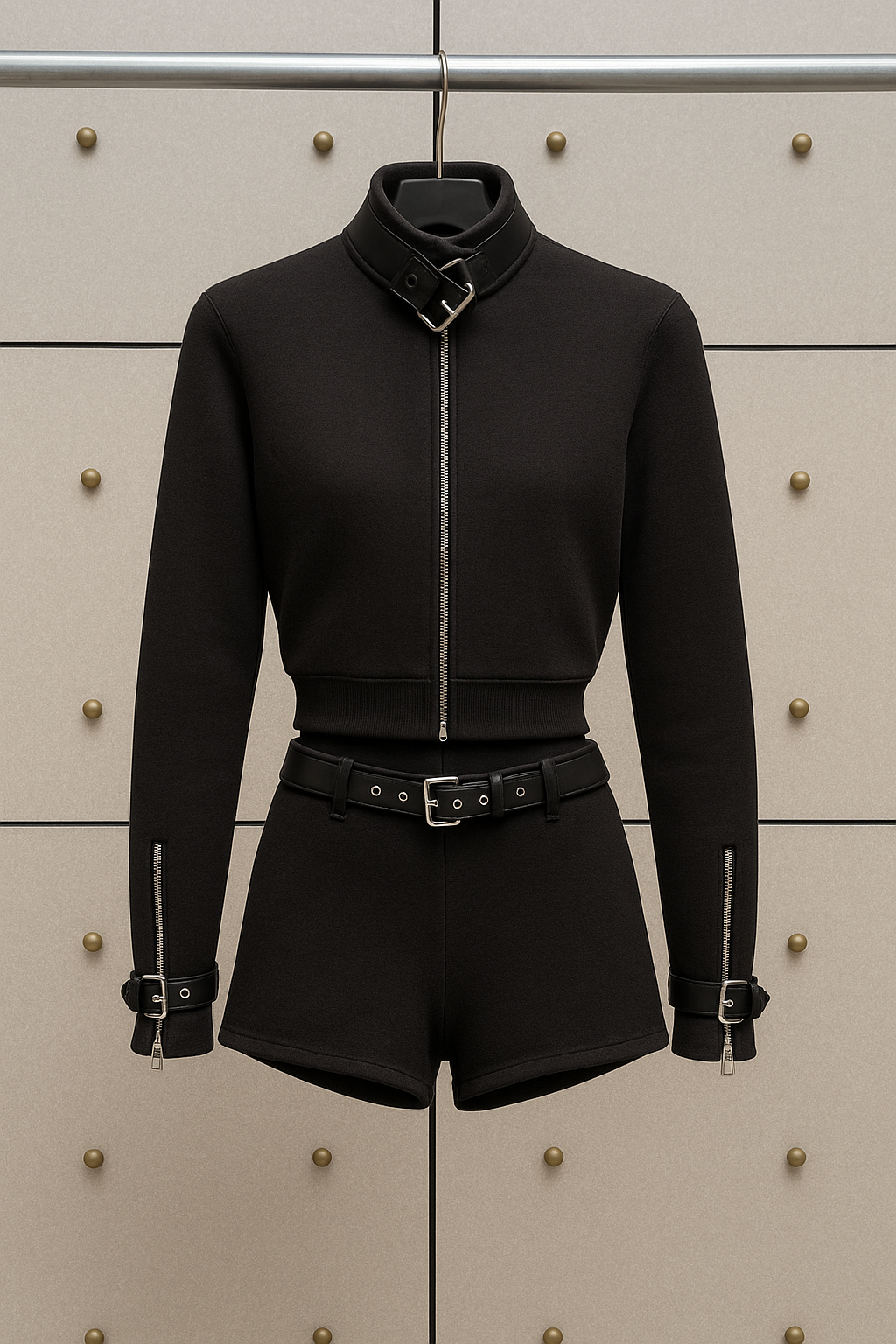 Костюм женский трикотажный в стиле Magda Butrym из шерстяного трикотажа чёрного цвета с молнией и ремнём