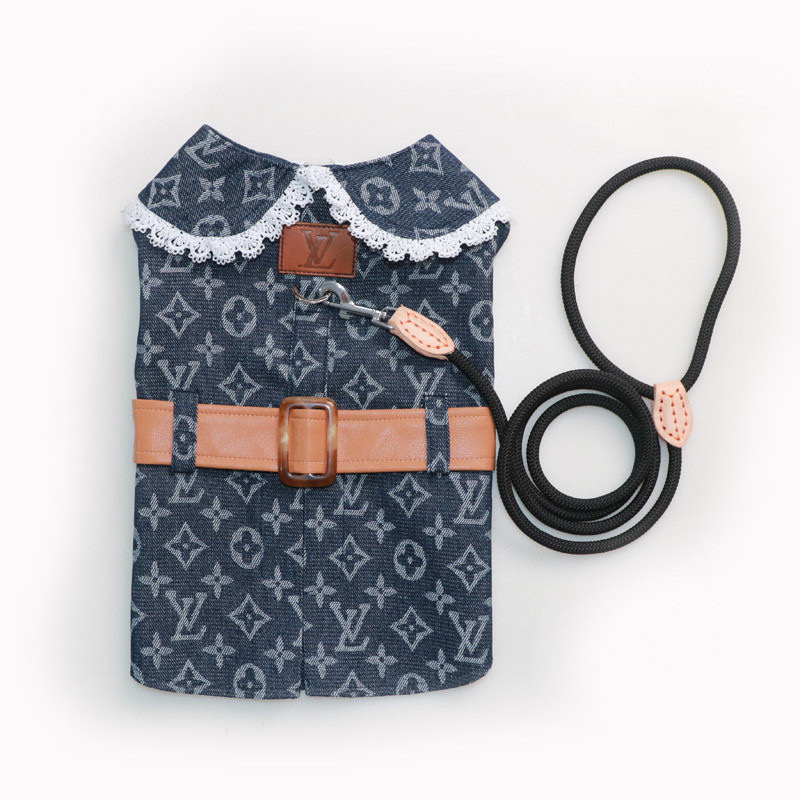 Жилет-платье для собак в стиле Louis Vuitton Denim Monogram с кружевным воротником