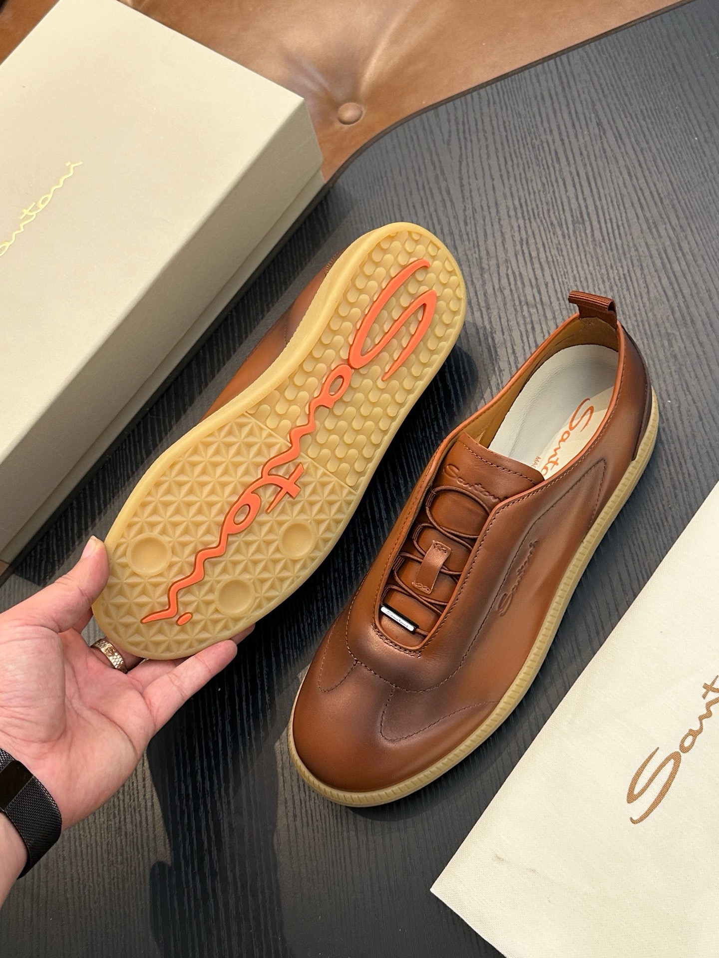 Кеды мужские в стиле Santoni из натуральной кожи коричневого цвета