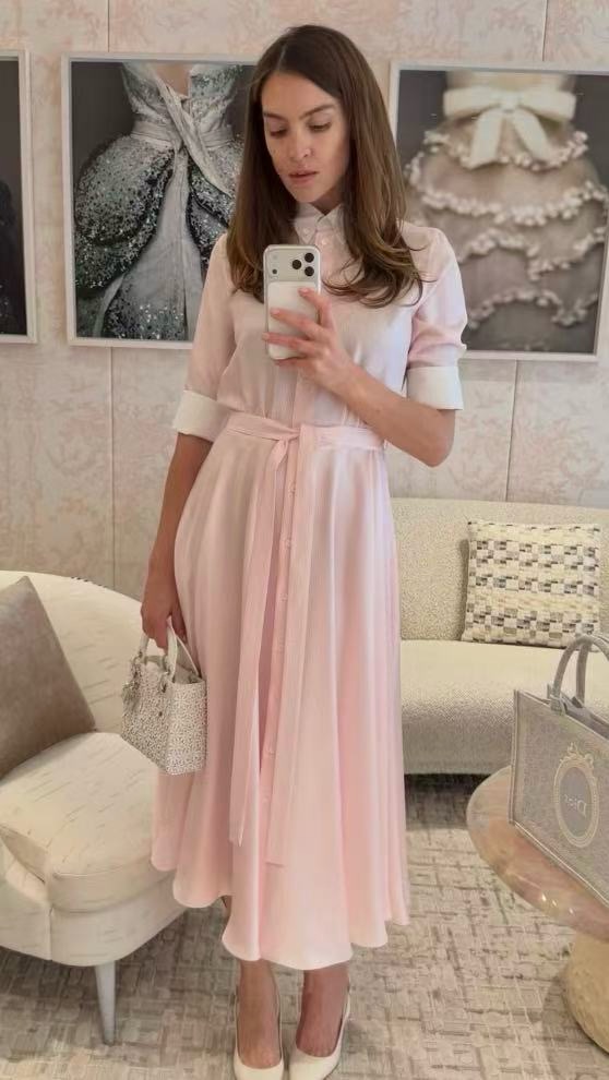 Платье женское в стиле Dior нежно-розового цвета в полоску с рубашечным верхом