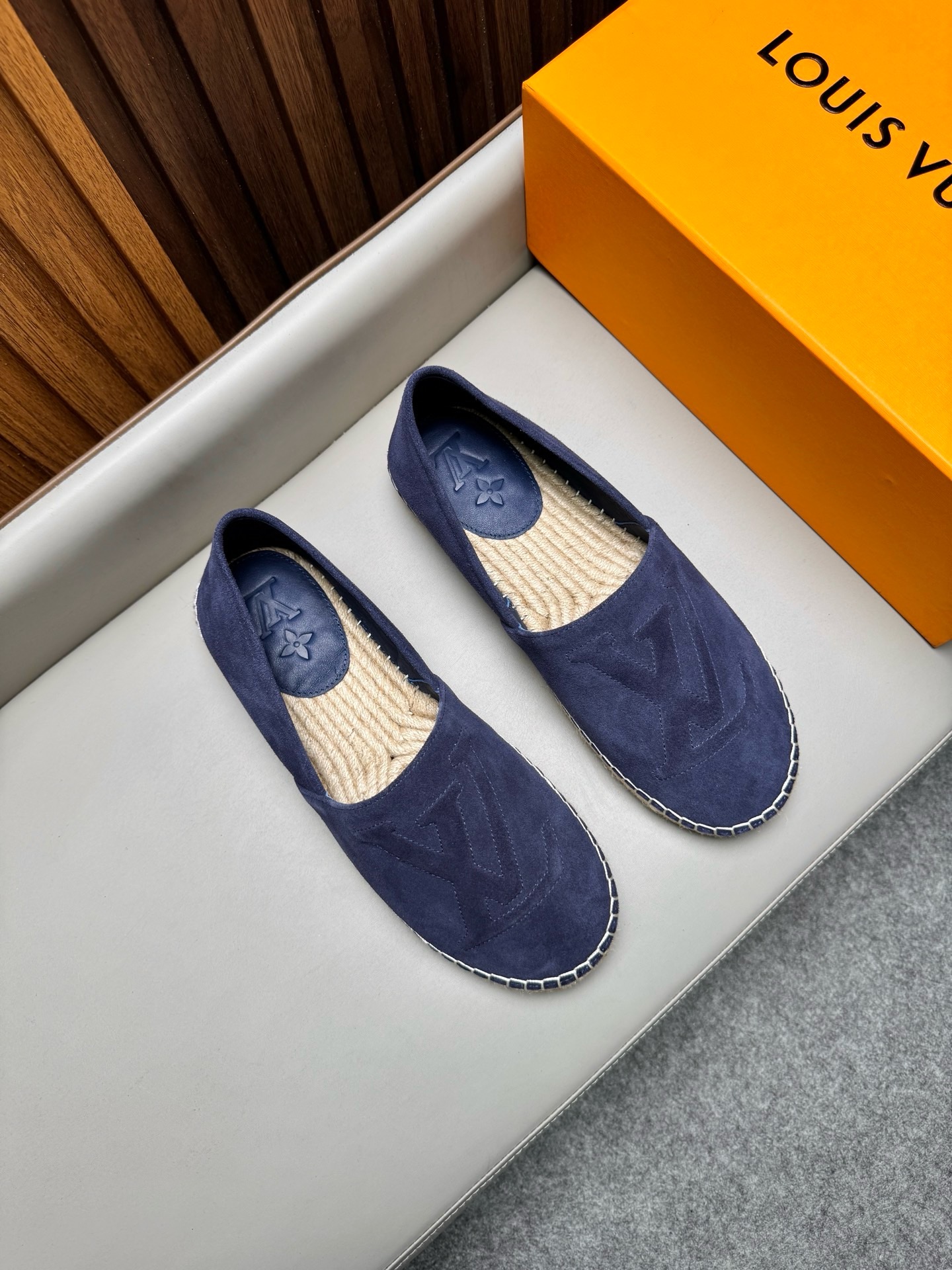 Эспадрильи мужские в стиле Louis Vuitton из натуральной замши тёмно-синего цвета