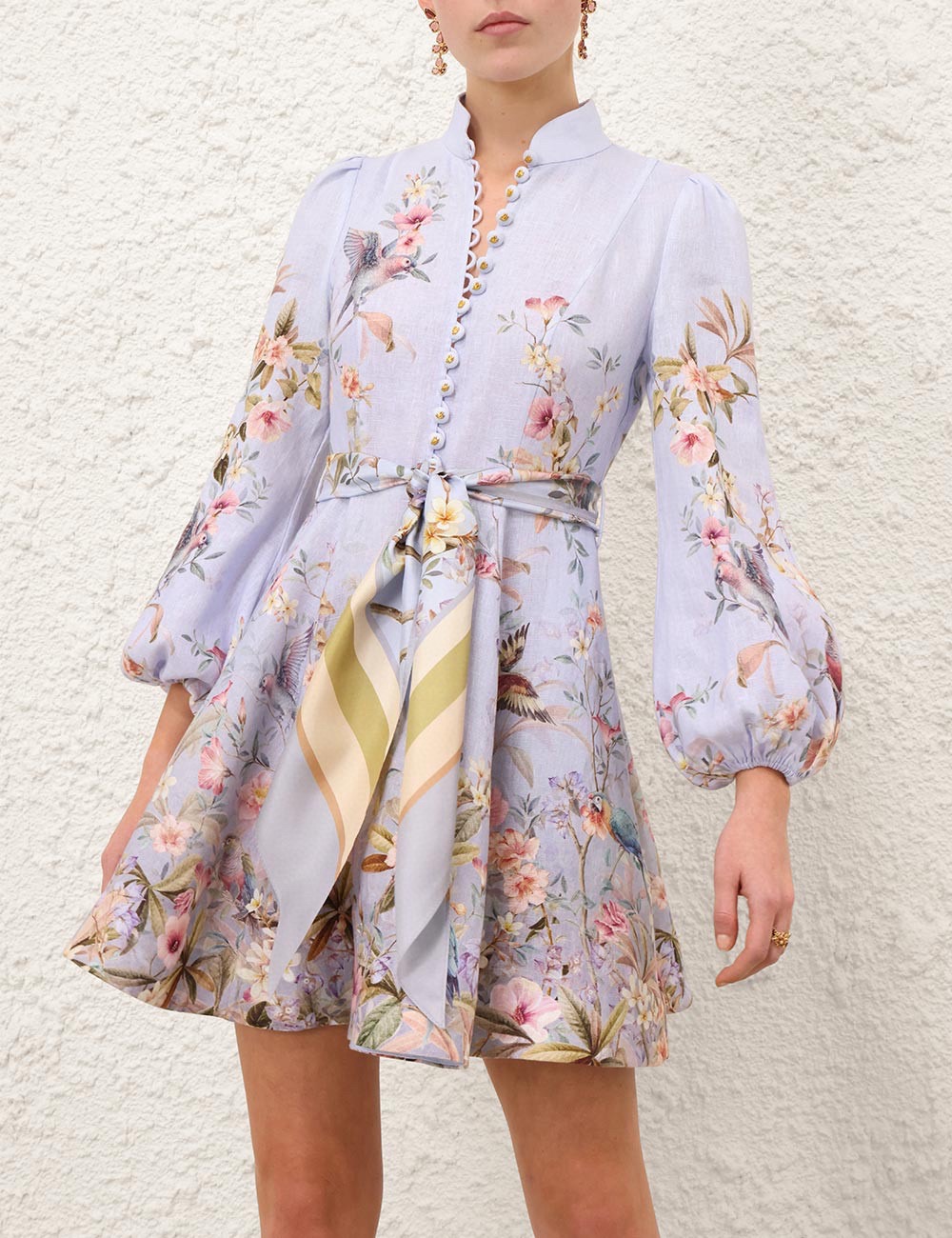 Платье женское в стиле Zimmermann  из льна голубого цвета с цветочным принтом