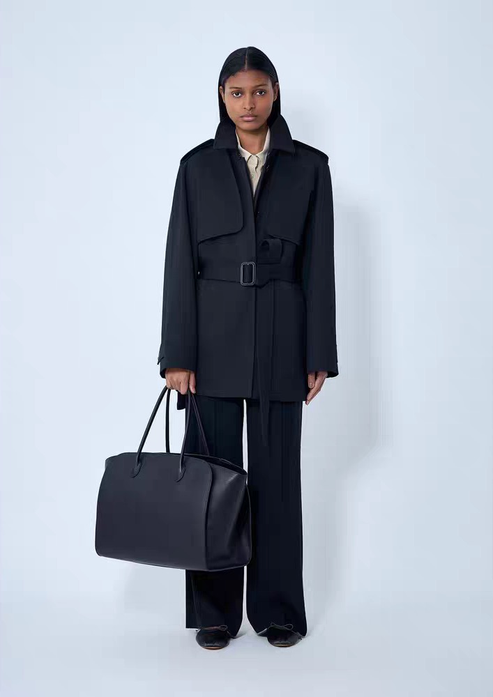 Тренч женский в стиле The Row чёрного и бежевого цвета с поясом и трансформируемым дизайном