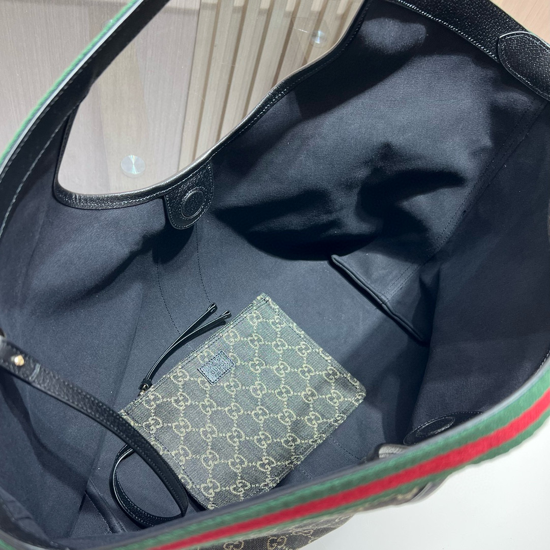 Сумка-тоут унисекс в стиGucci из текстиля GG с кожаной отделкой и съёмным клатчем чёрно-бежевого цвета