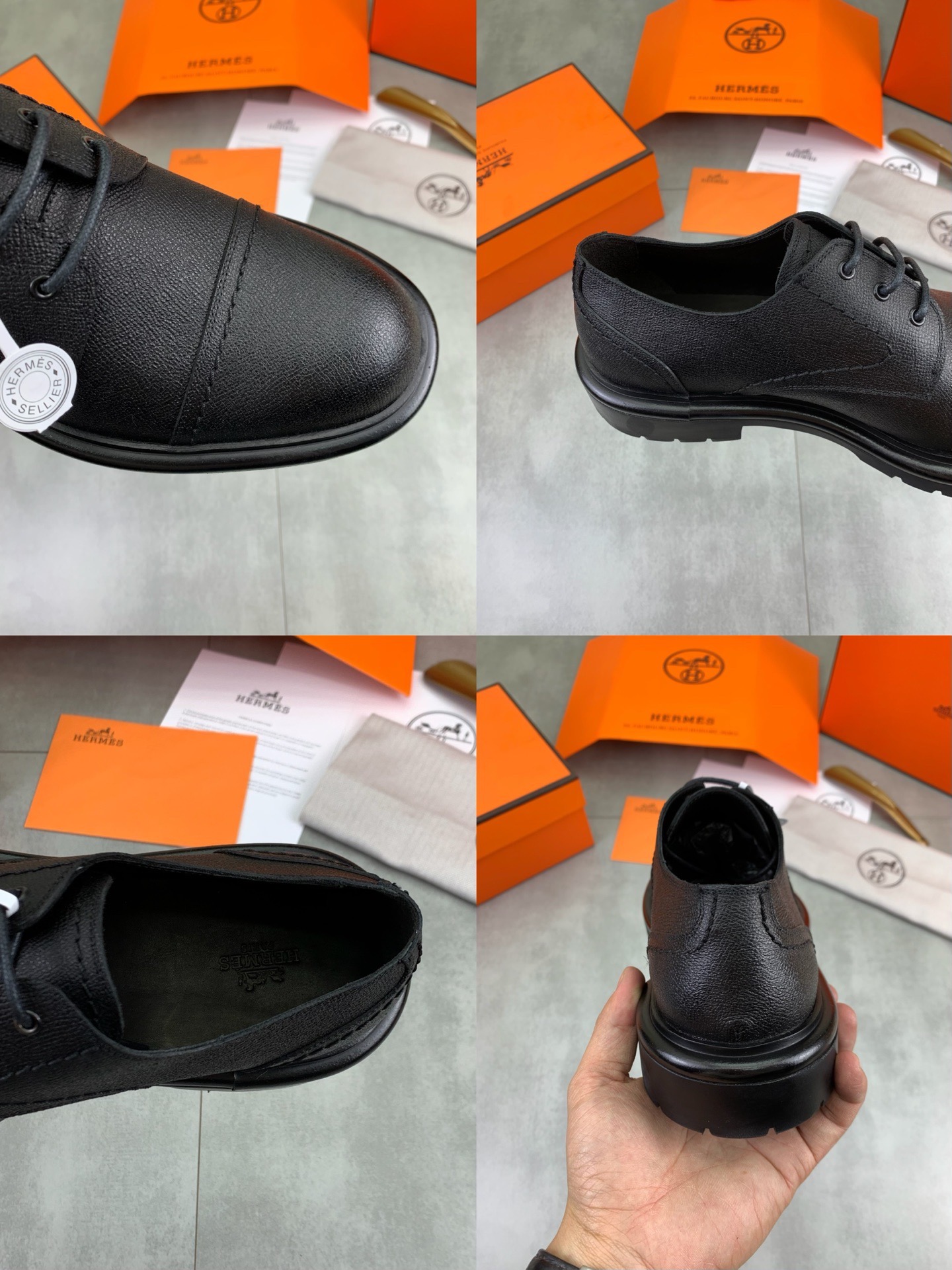 Дерби мужские в стиле Hermes из натуральной зернистой кожи черного цвета