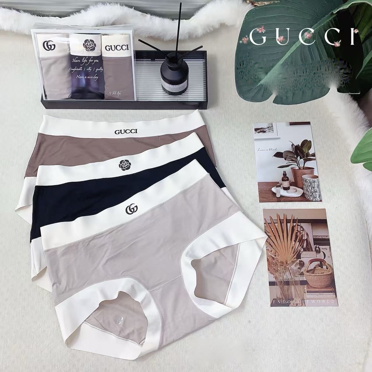 Трусы женские в стиле Gucci из хлопка и эластана в базовых цветах (набор 3 шт.)