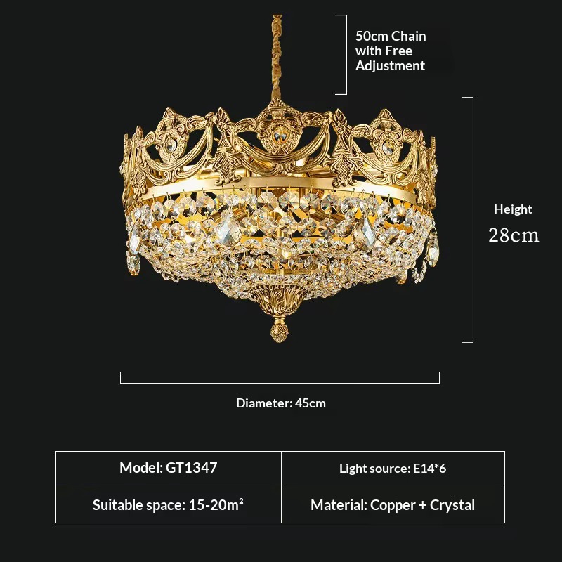 Люстра потолочная в форме короны из меди с кристаллами