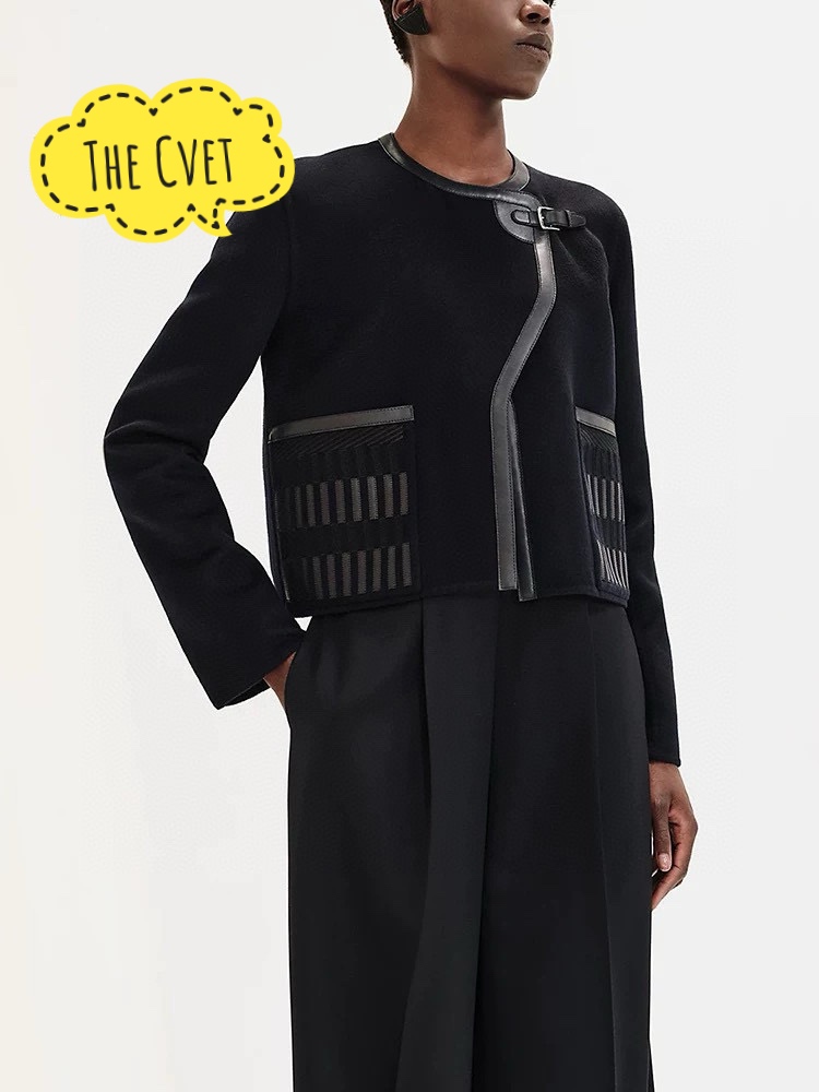 Жакет женский в стиле Hermès с вышивкой и кожаной отделкой, чёрного цвета