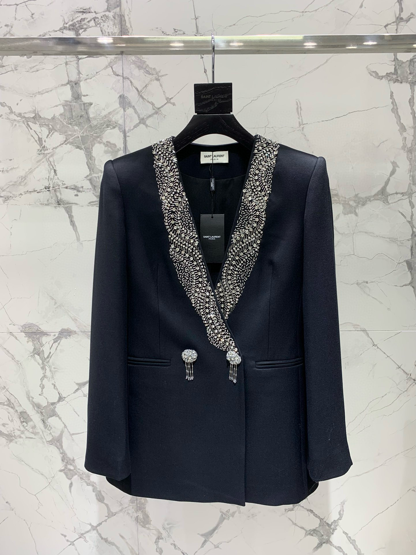 Жакет женский в стиле Saint Laurent с V-образным вырезом и ручной вышивкой кристаллами