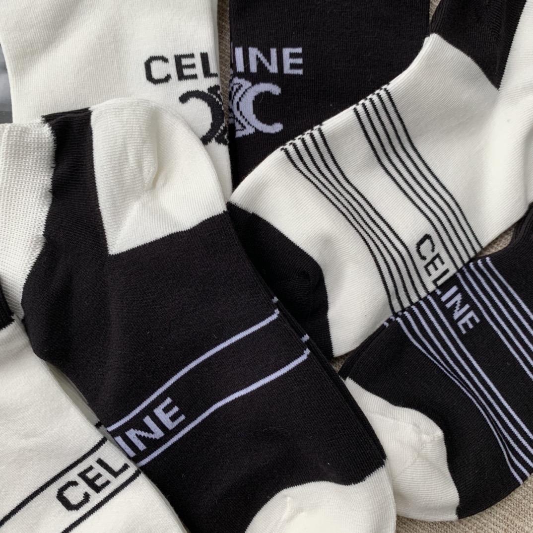 Носки женские в стиле Celine короткие хлопковые с логотипом (набор 6 пар)