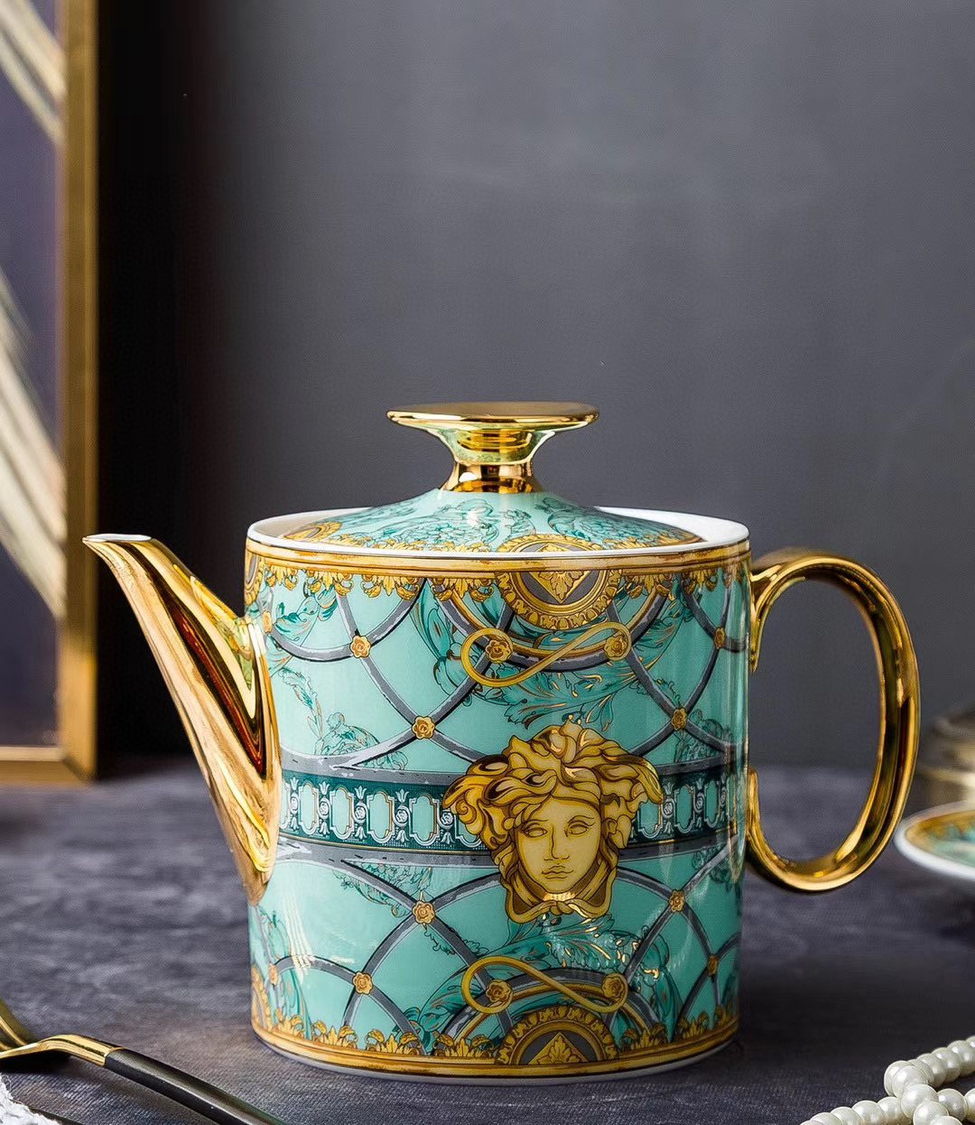 Кофейный сервиз в стиле Versace,  бирюзового цвета, 15 предметов