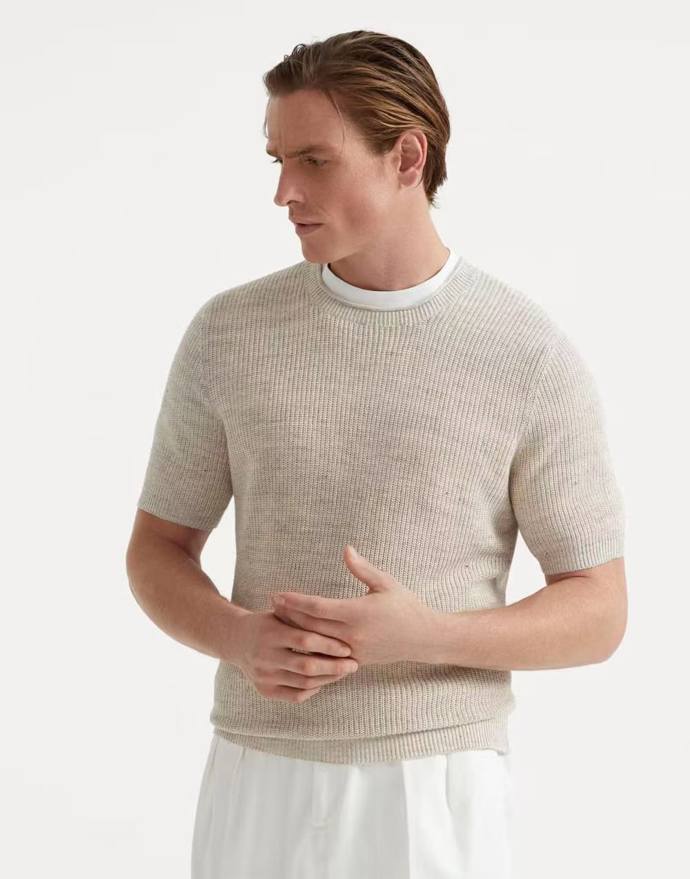 Футболка мужская в стиле Brunello Cucinelli из льна и хлопка серого цвета 