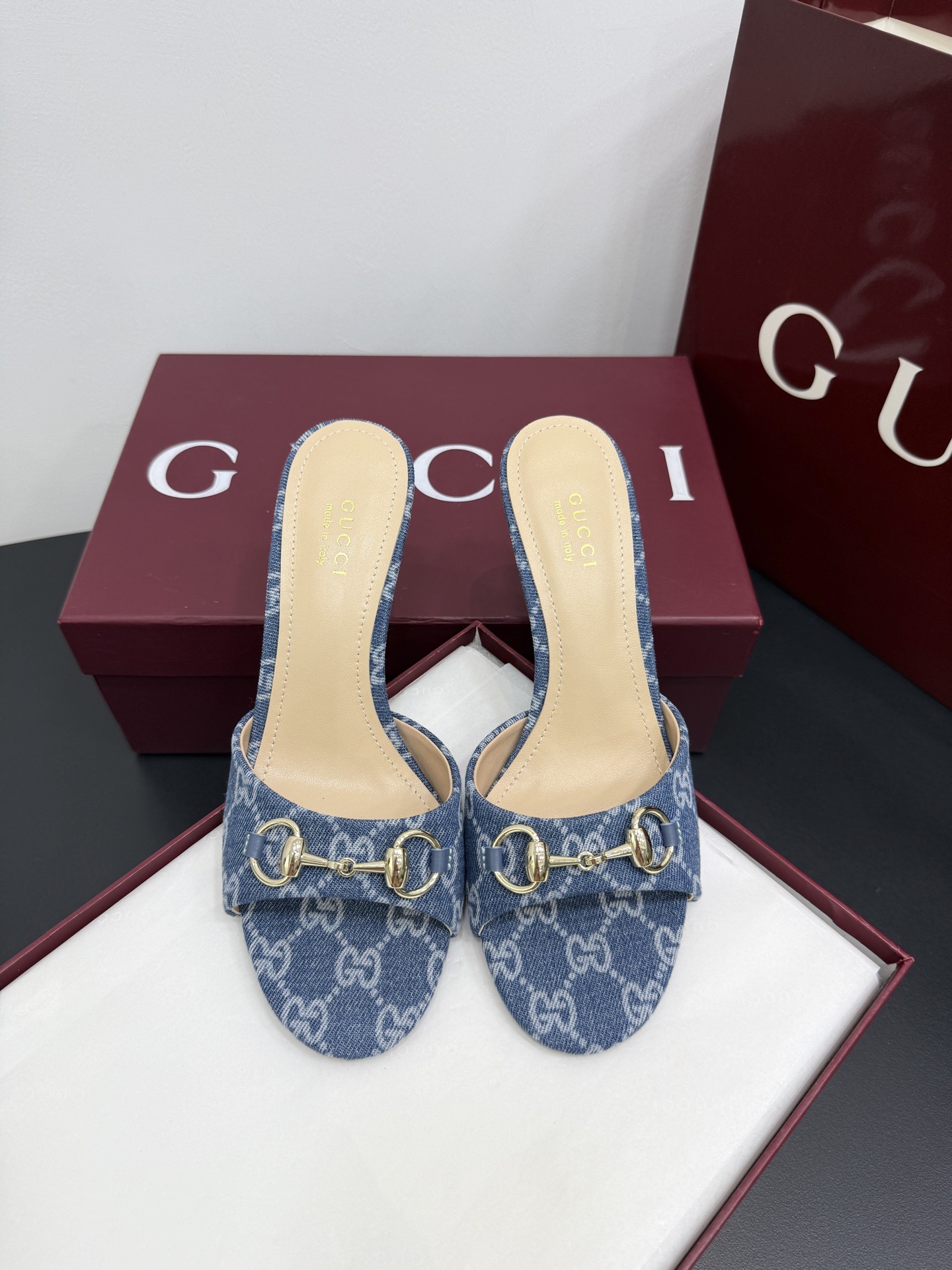 Мюли женские в стиле Gucci Horsebit синего цвета