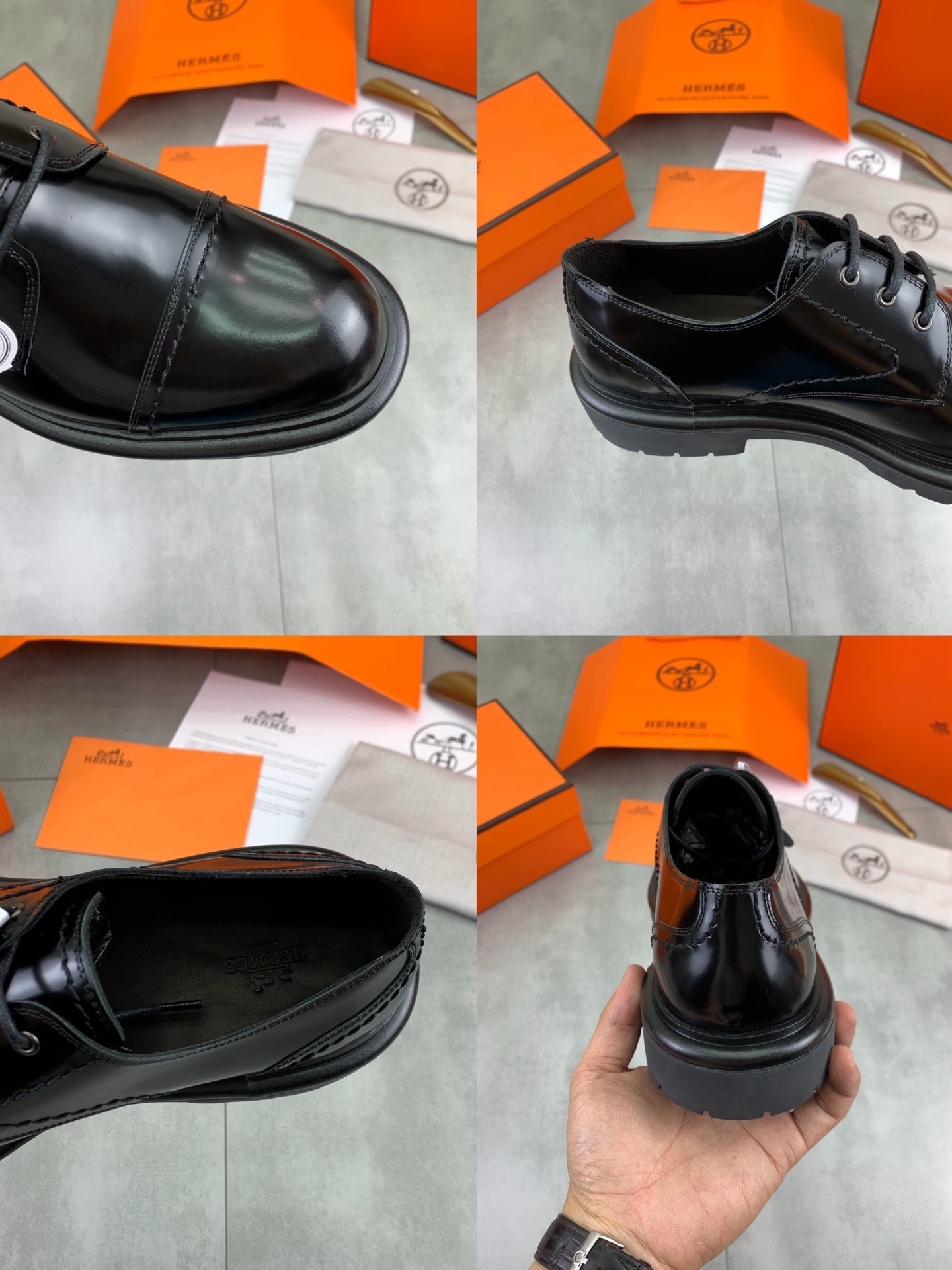 Дерби мужские в стиле Hermes из натуральной кожи черного цвета