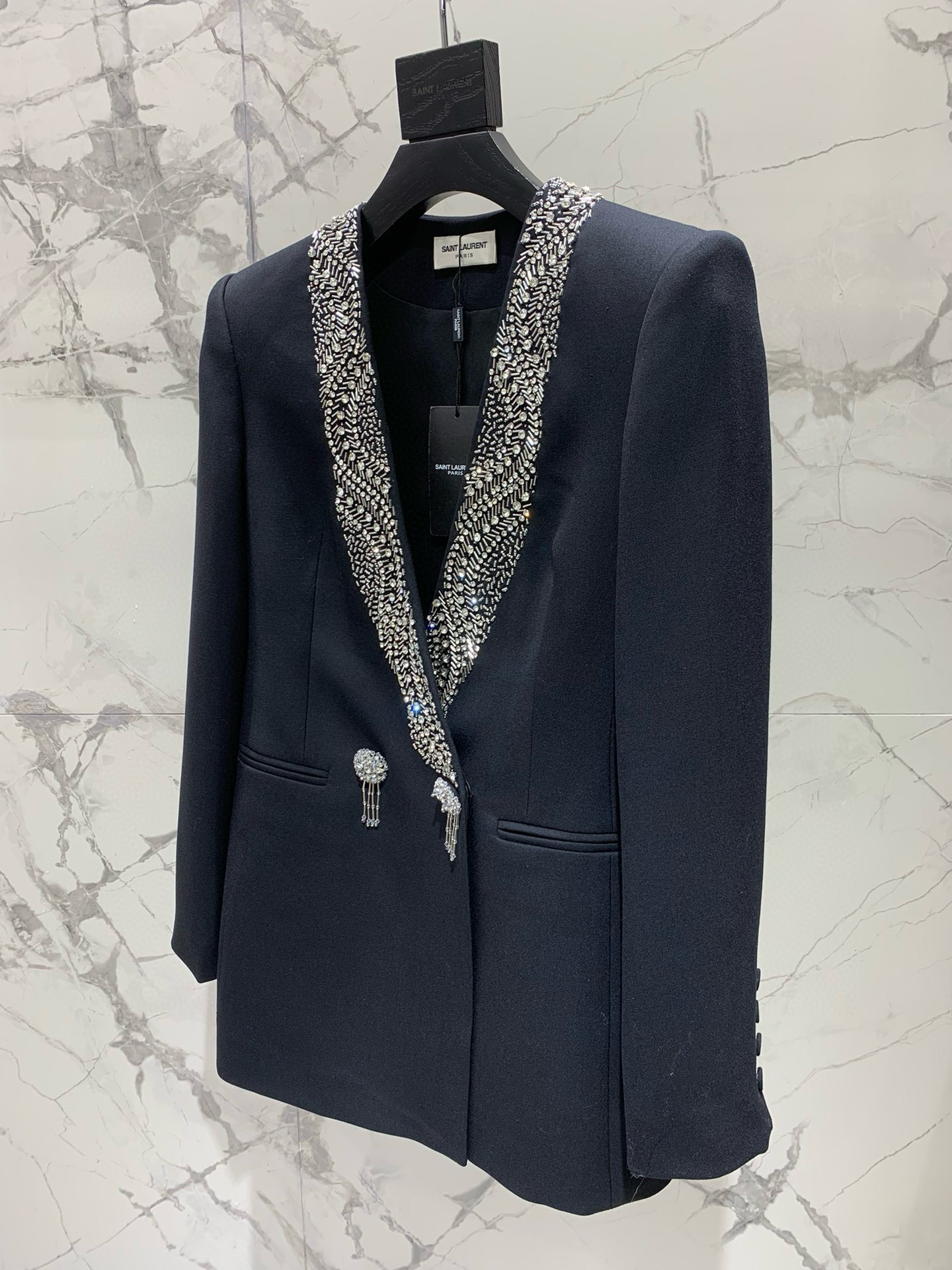 Жакет женский в стиле Saint Laurent с V-образным вырезом и ручной вышивкой кристаллами