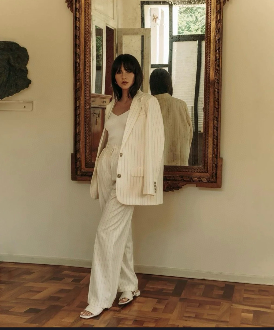 Брюки женские в стиле The Attico с кристаллами в молочно-белом цвете