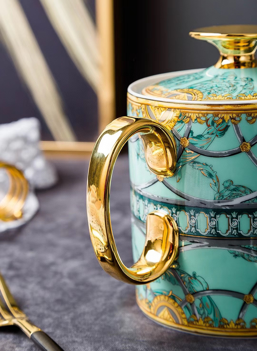 Кофейный сервиз в стиле Versace,  бирюзового цвета, 15 предметов