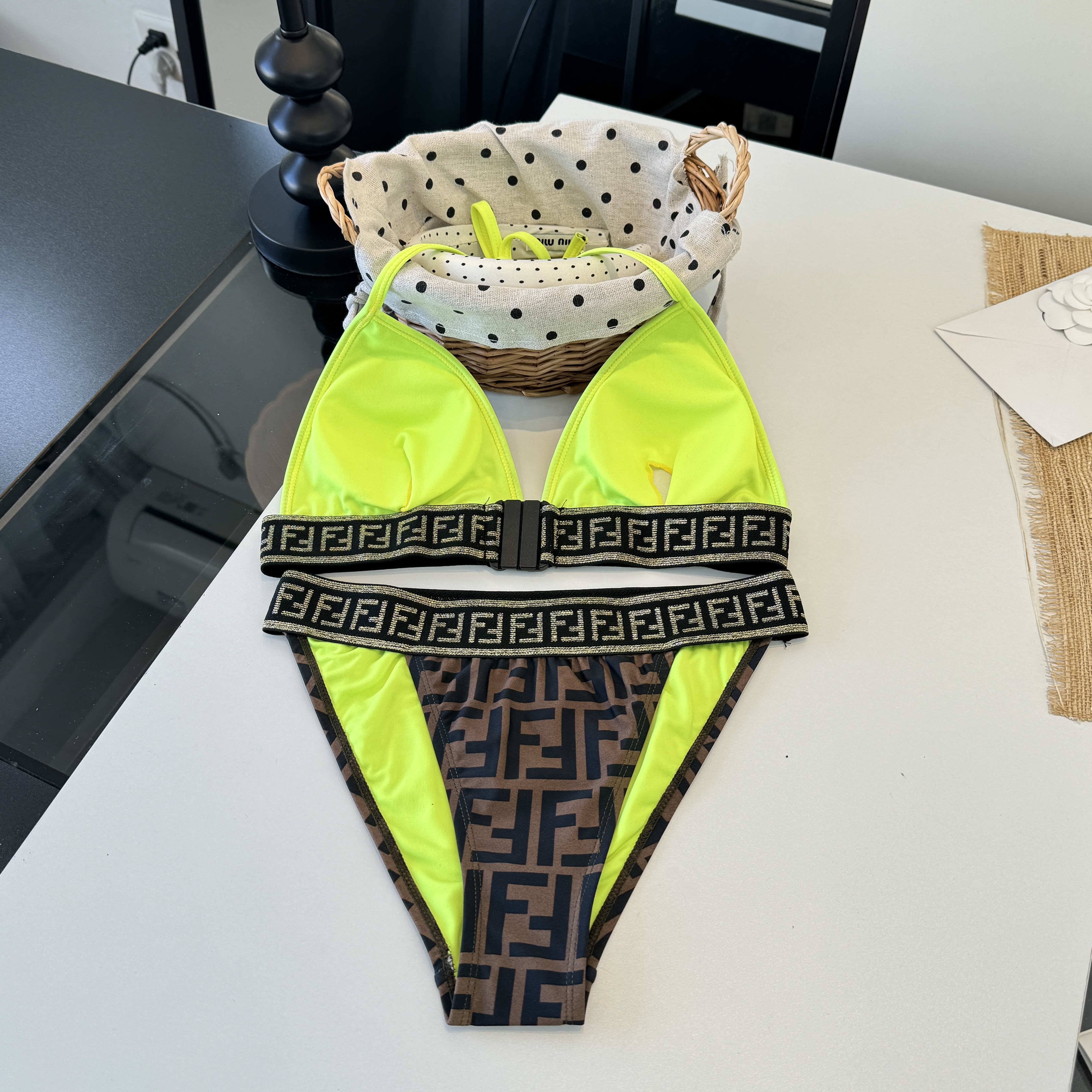 Купальник женский Fendi коричневого цвета с неоновыми вставками