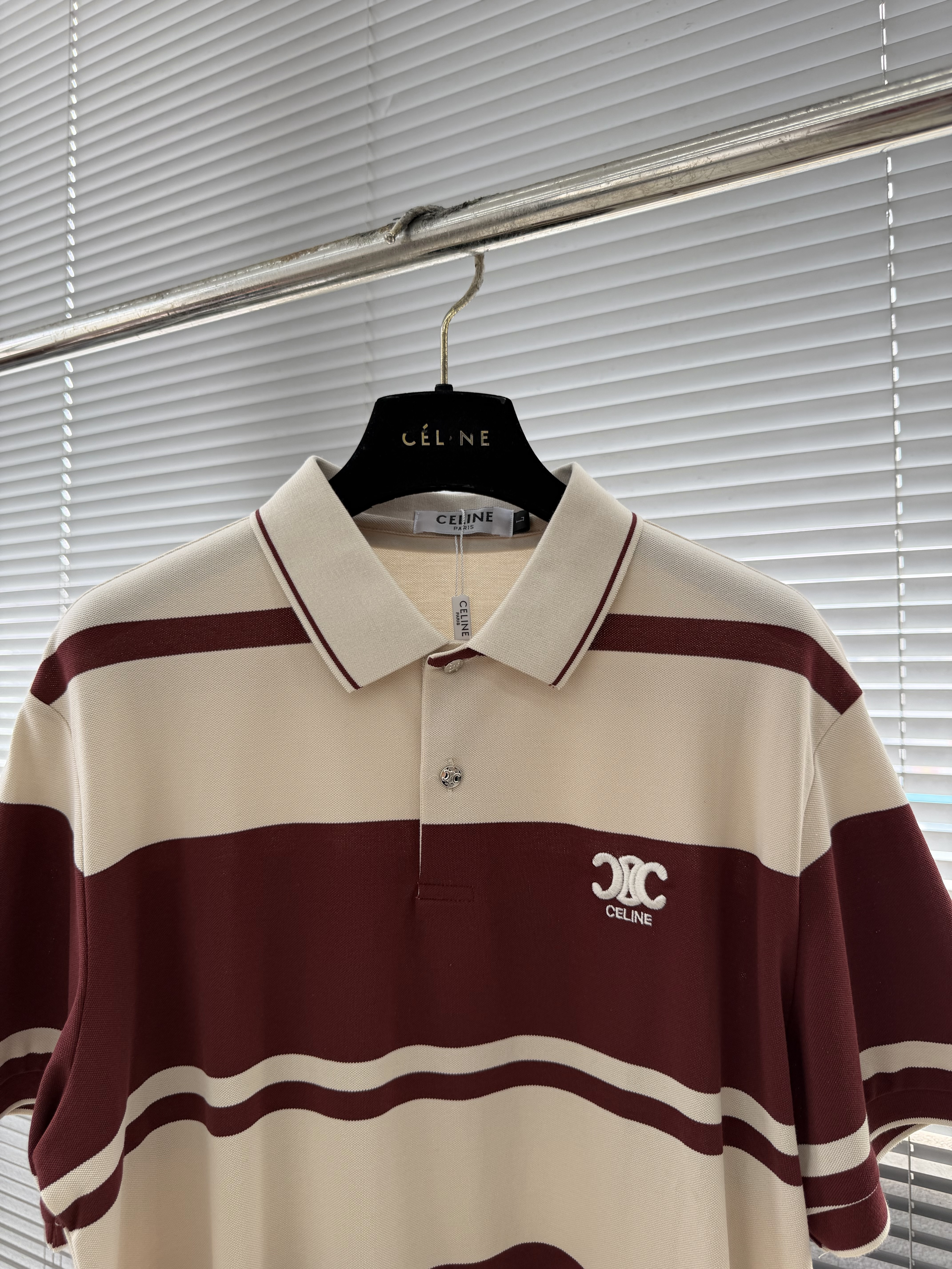 Поло мужское в стиле Celine из хлопка бежево-бордового цвета в полоску