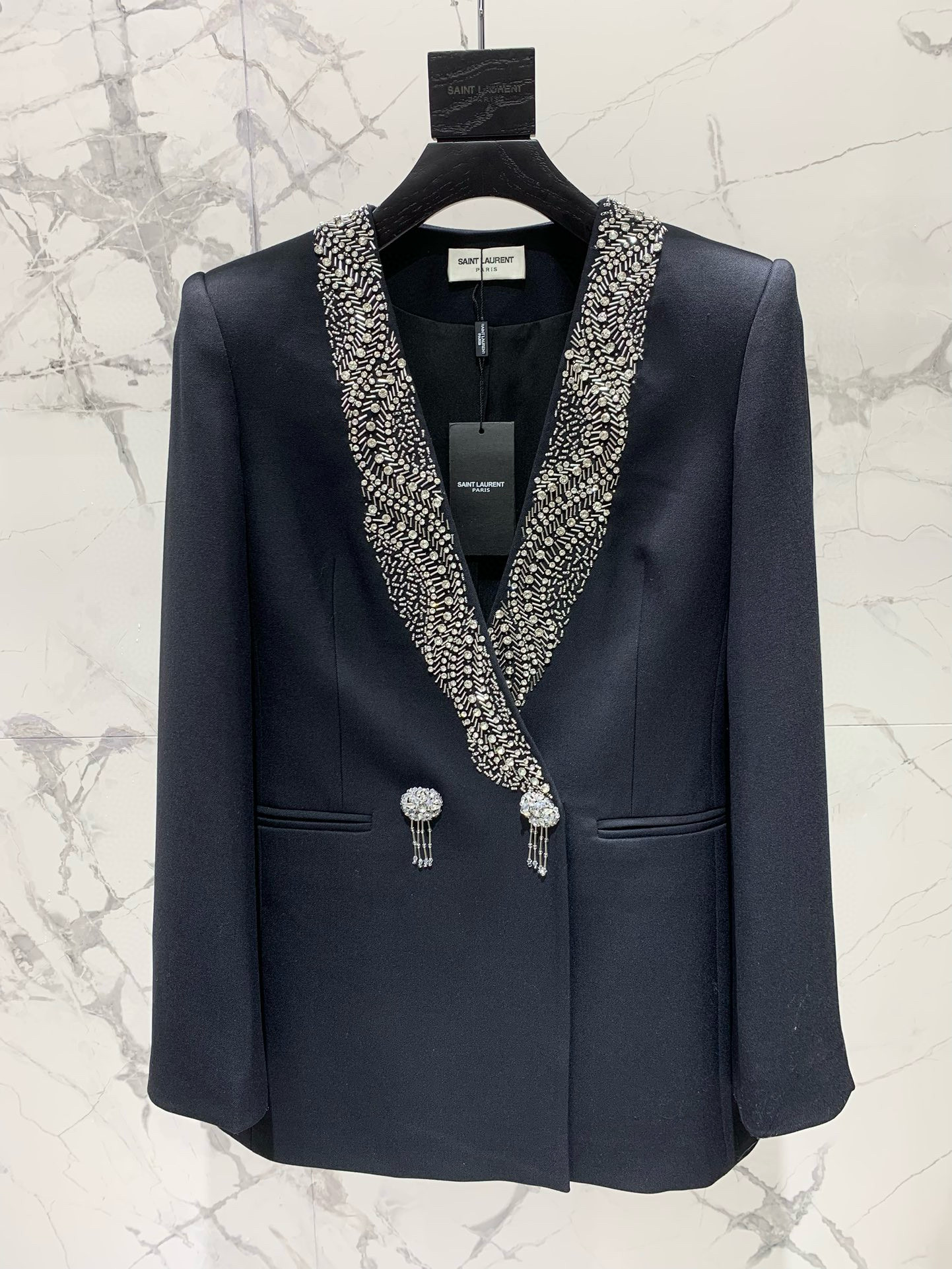 Жакет женский в стиле Saint Laurent с V-образным вырезом и ручной вышивкой кристаллами