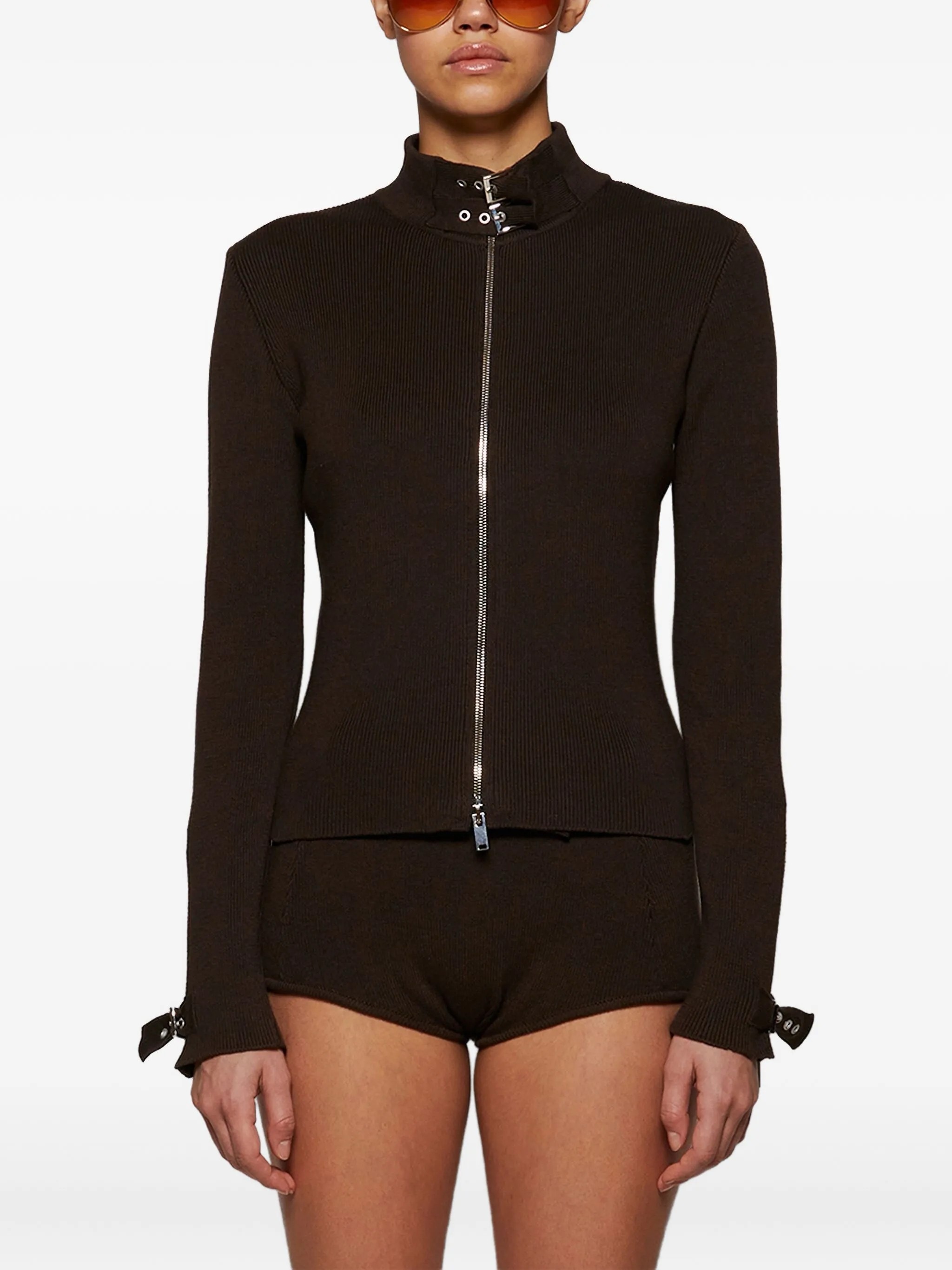 Кофта женская на молнии в стиле Magda Butrym из шерстяного трикотажа  чёрного цвета с металлической фурнитурой