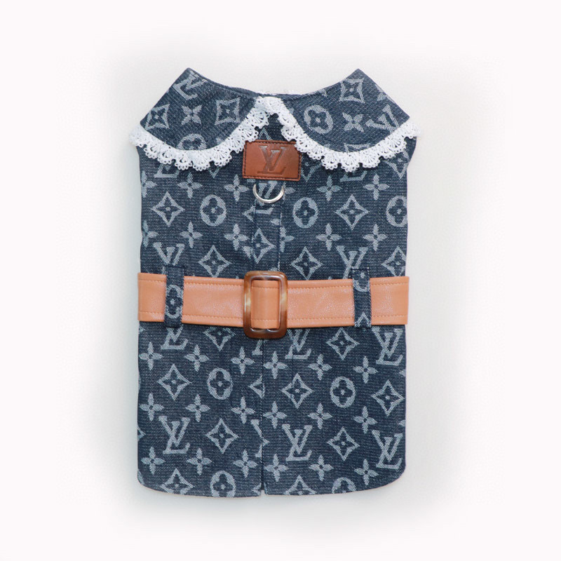 Жилет-платье для собак в стиле Louis Vuitton Denim Monogram с кружевным воротником