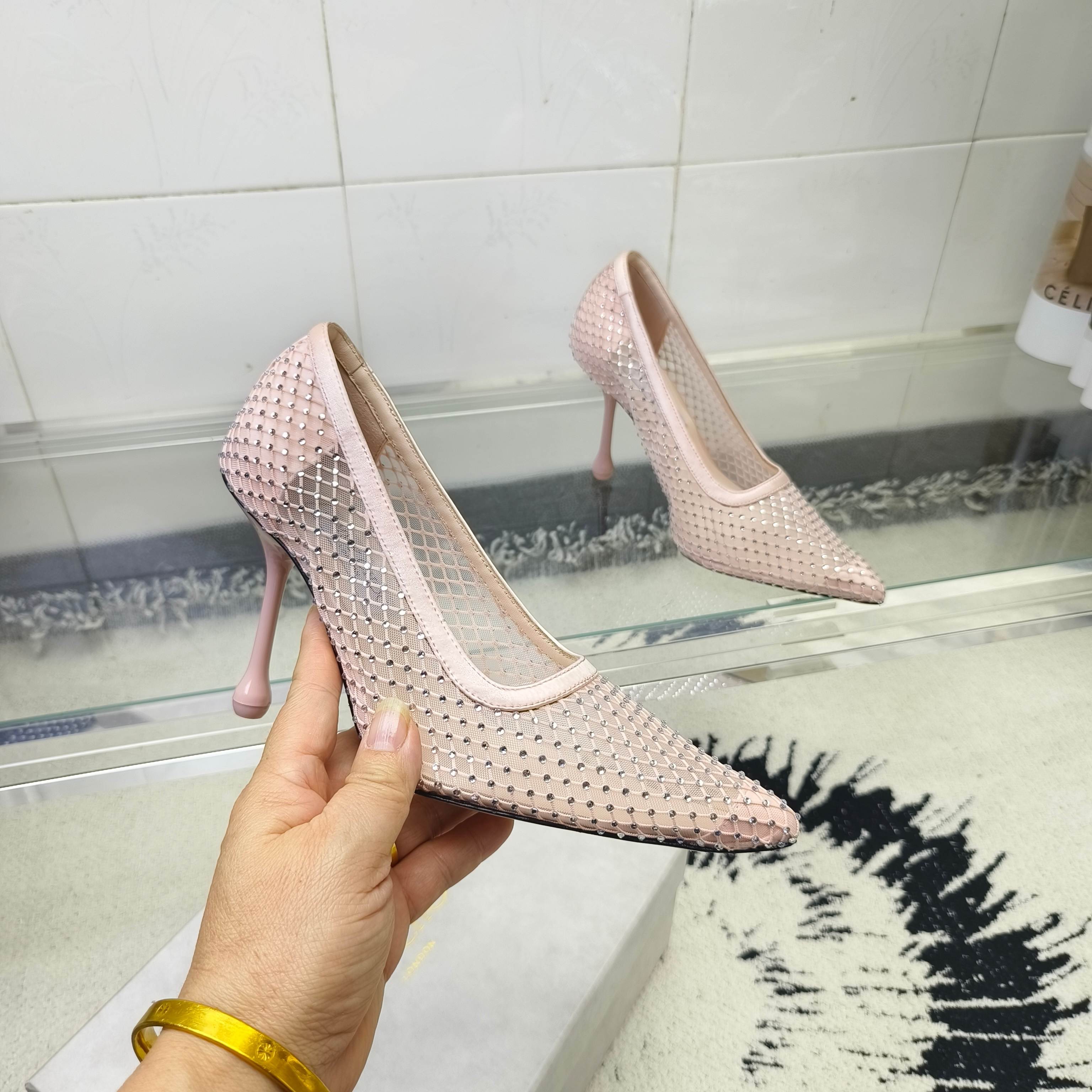 Туфли женские в стиле Jimmy Choo из текстиля с кристаллами розового цвета