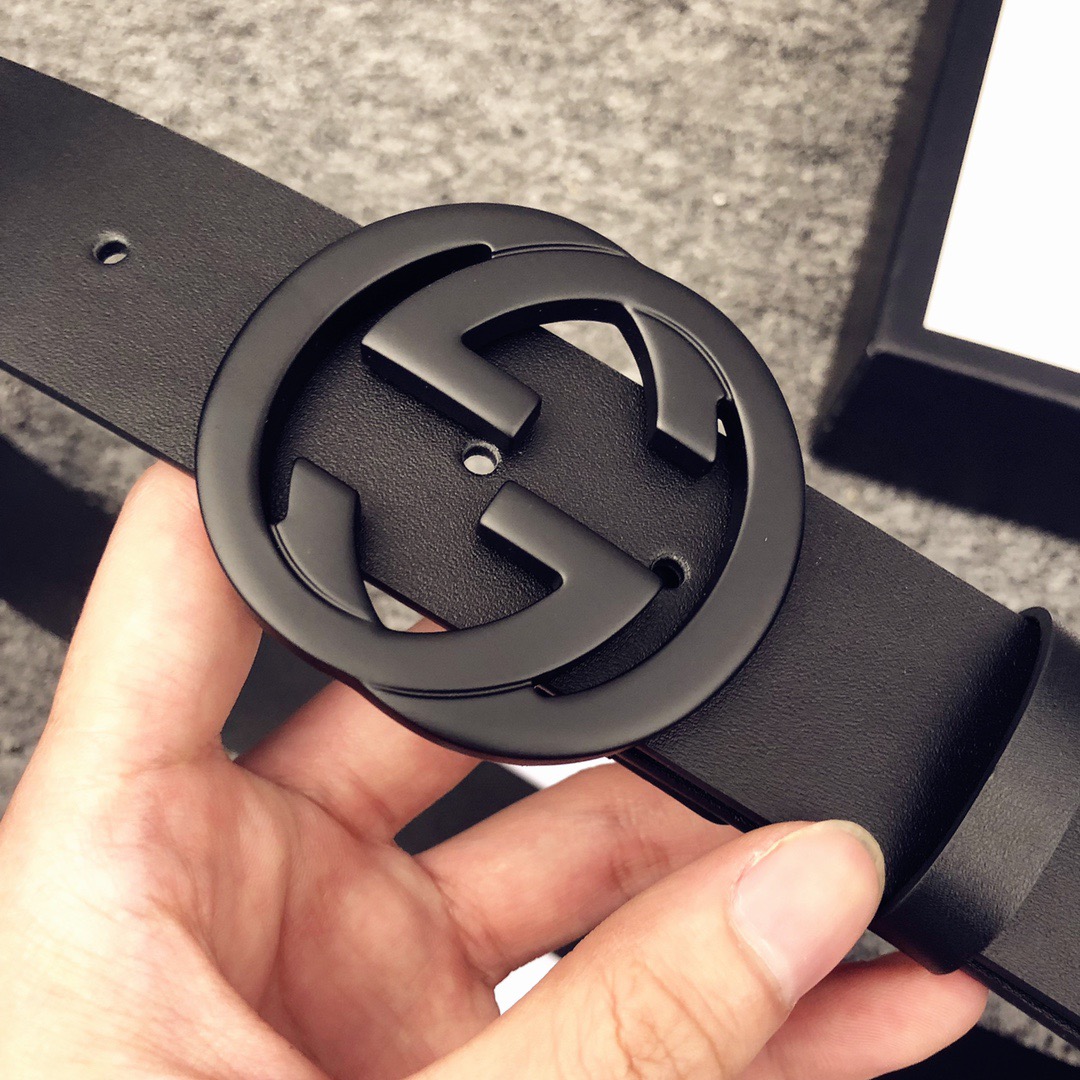 Ремень мужской в стиле Gucci из натуральной кожи чёрного цвета с пряжкой GG