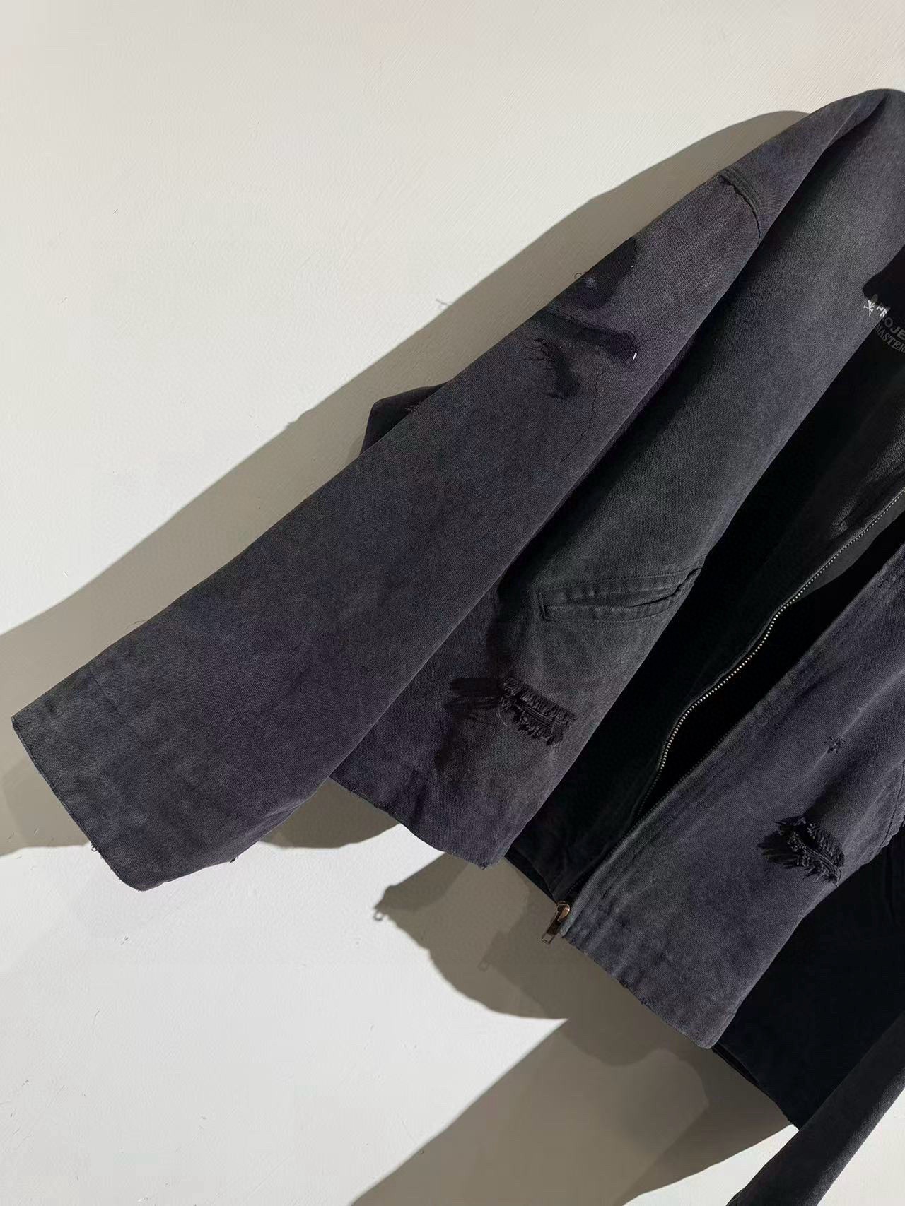 Куртка унисекс в стиле Project G/R x MMJ из плотного канваса чёрного цвета с эффектом состаривания