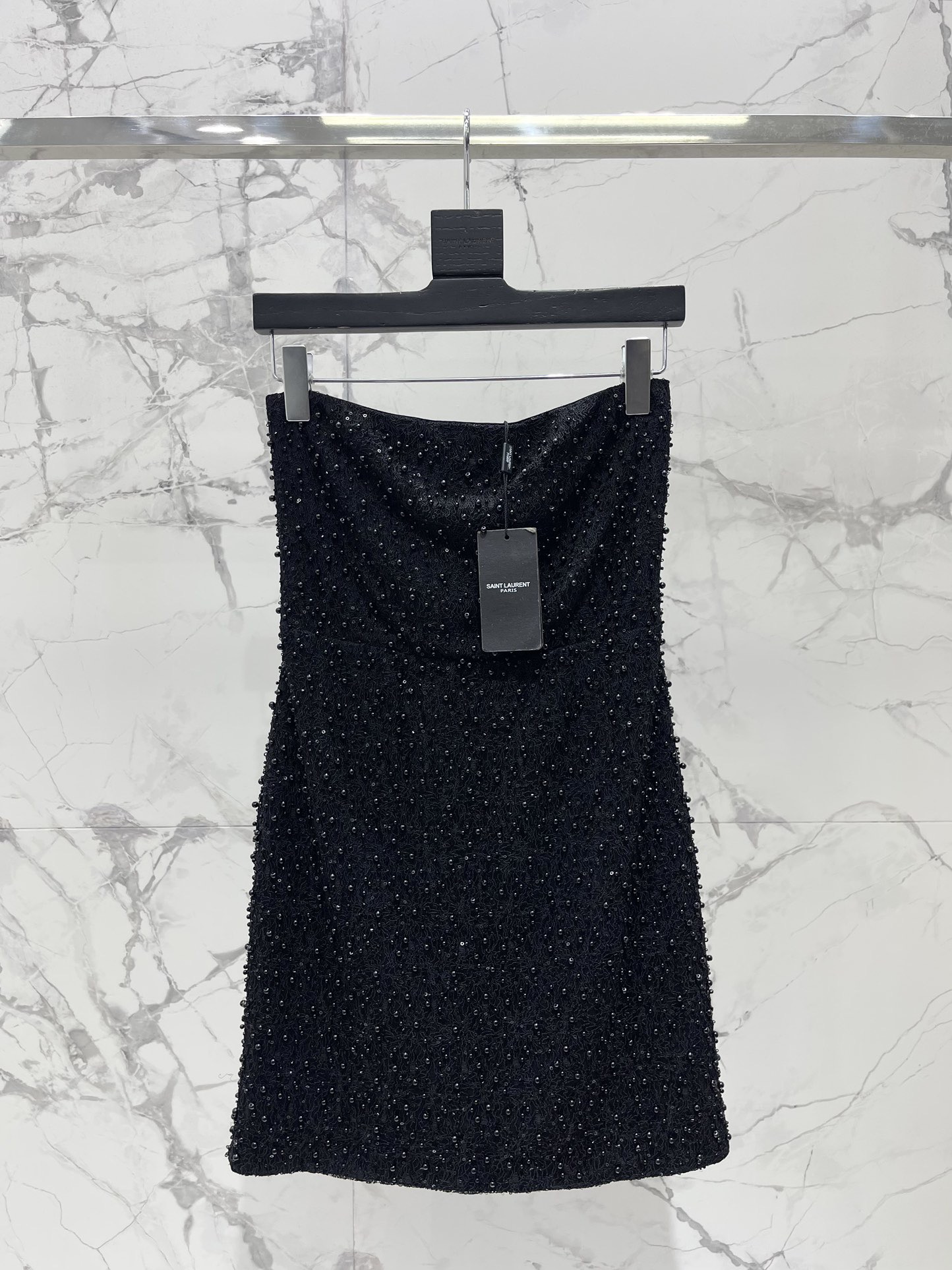 Платье женское в стиле Saint Laurent вечернее с декором из жемчуга и пайеток черного цвета