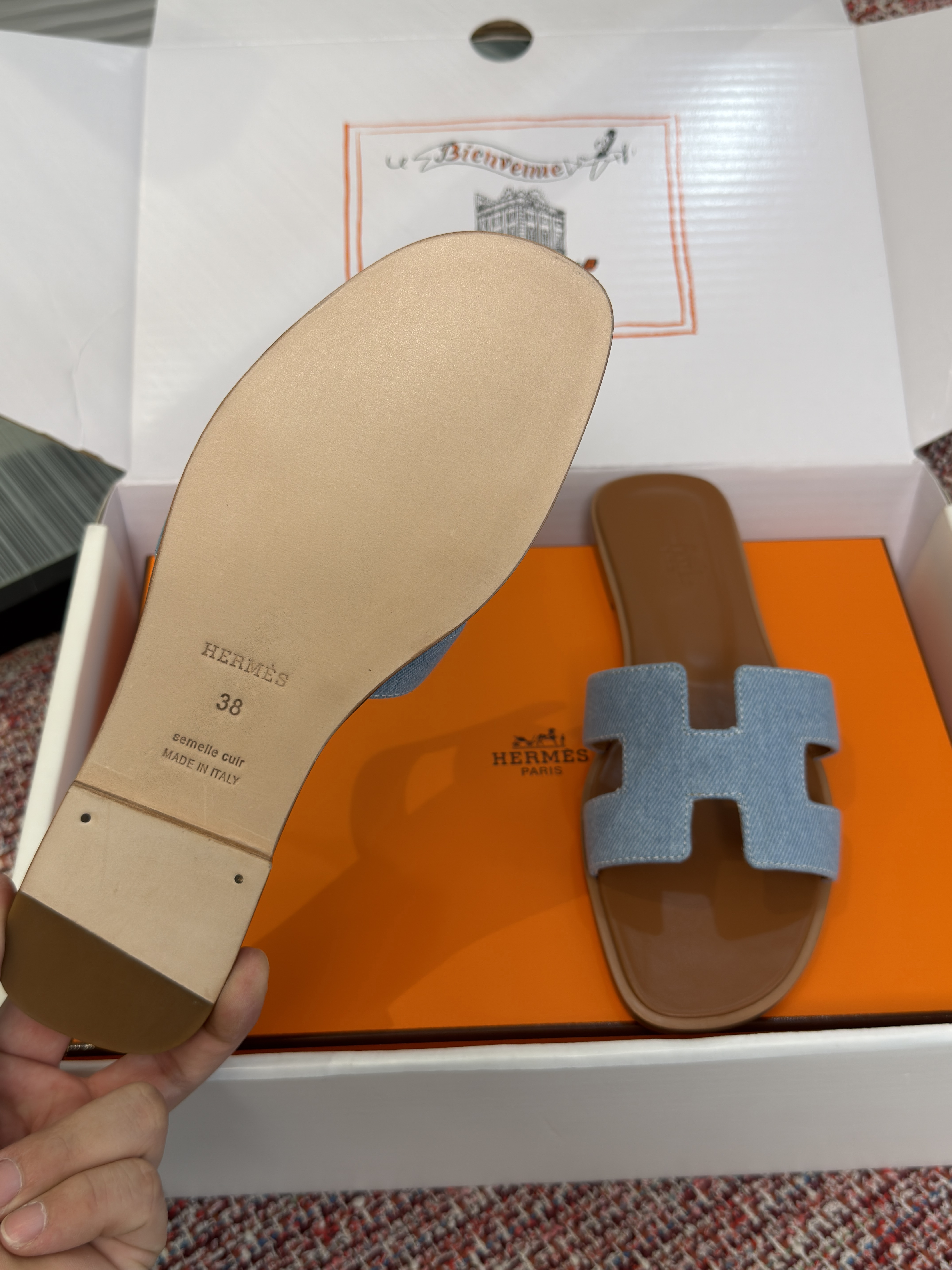 Шлёпанцы женские Hermès Oran голубого и коричневого цвета